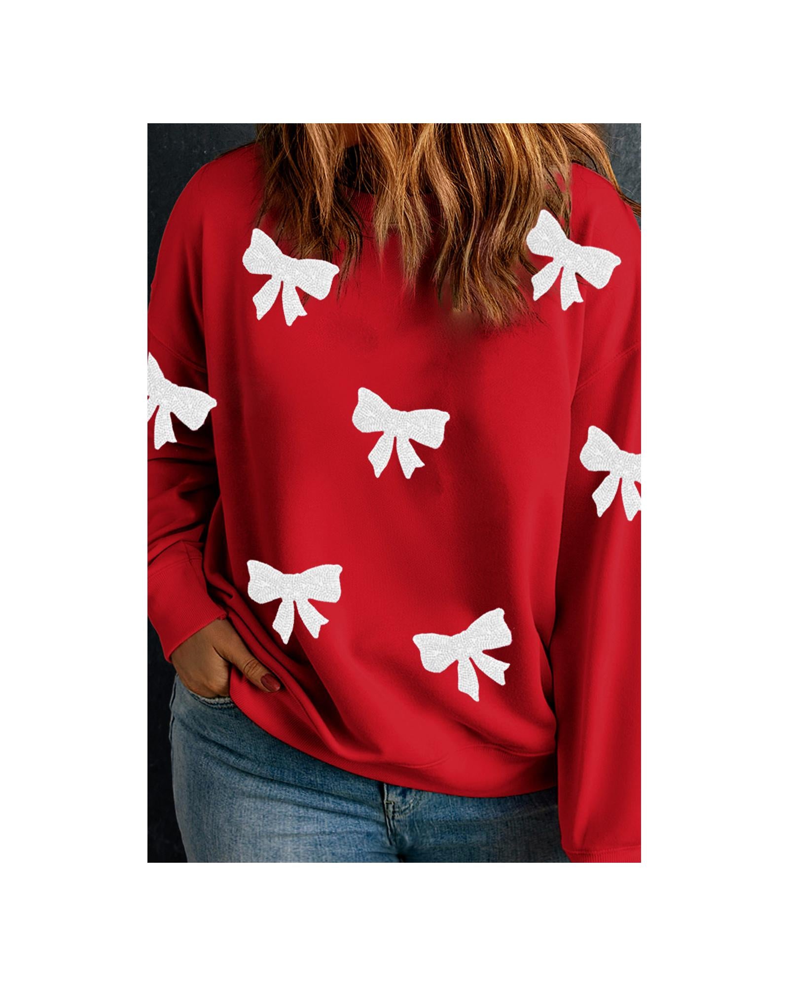 Racing Red Bow Pattern Drop Shoulder Plus Size Sweatshirt - 2X