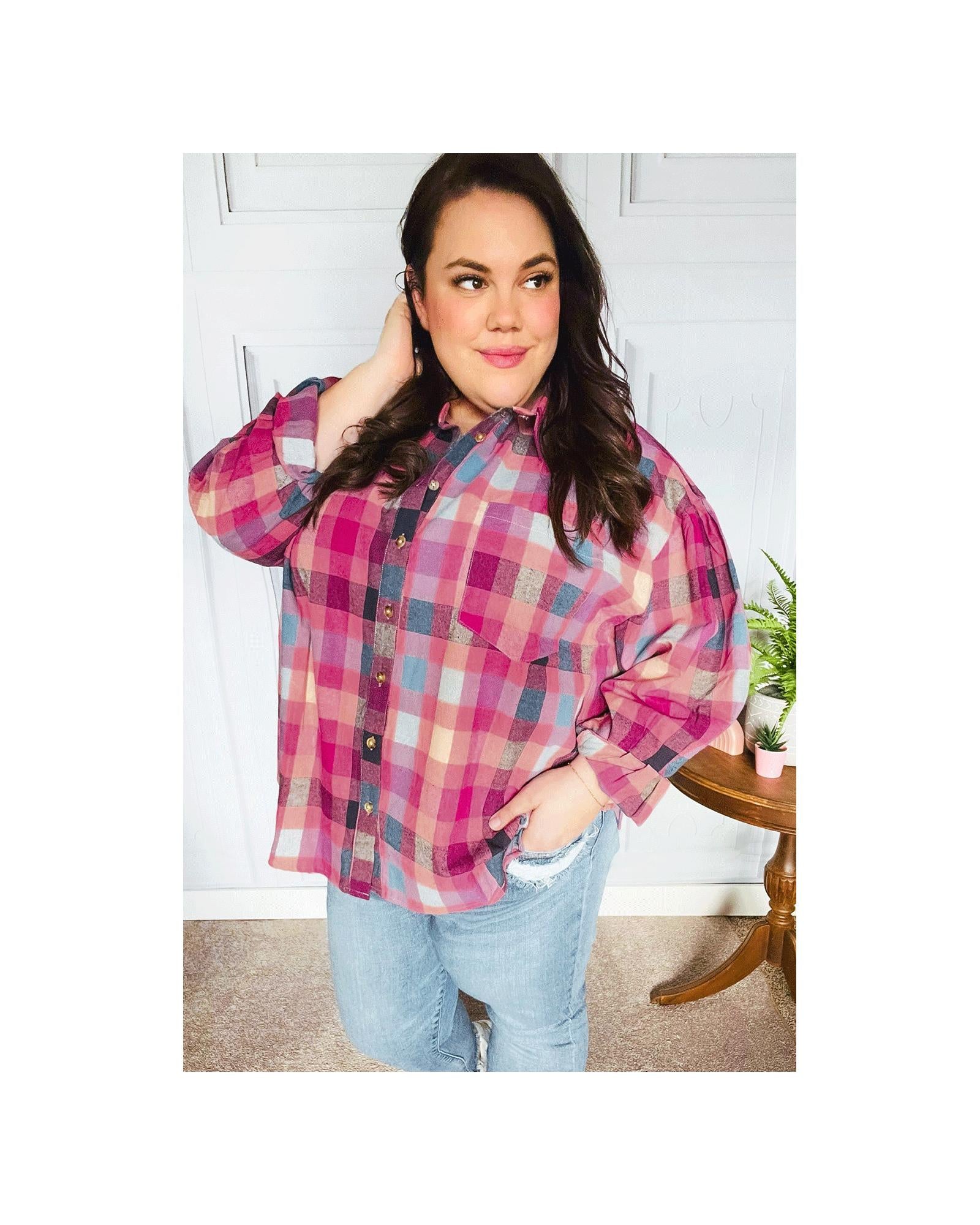 Rose Stripe Plus Size Checkered Print Button up Shirt - 1X