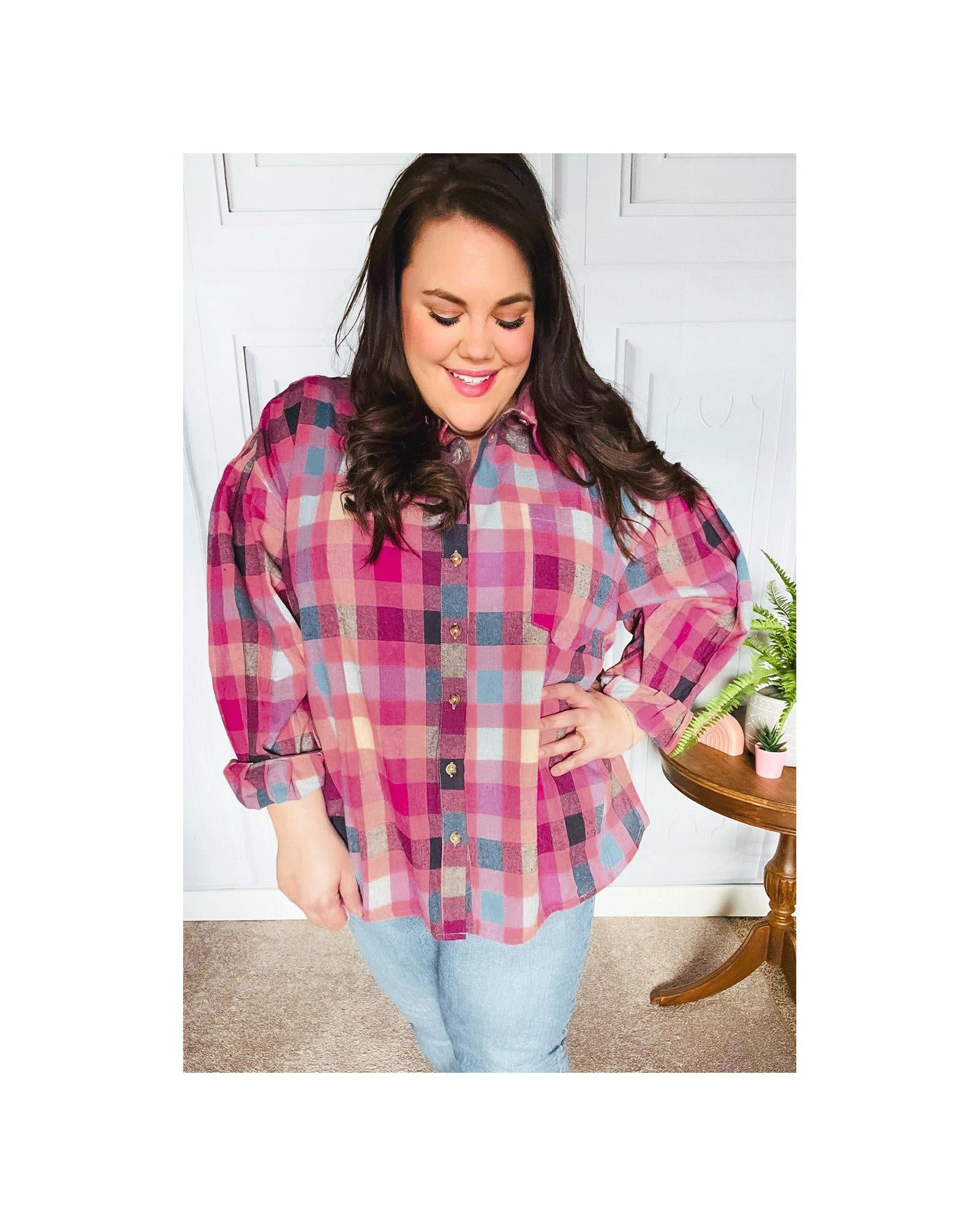Rose Stripe Plus Size Checkered Print Button up Shirt - 2X 3
