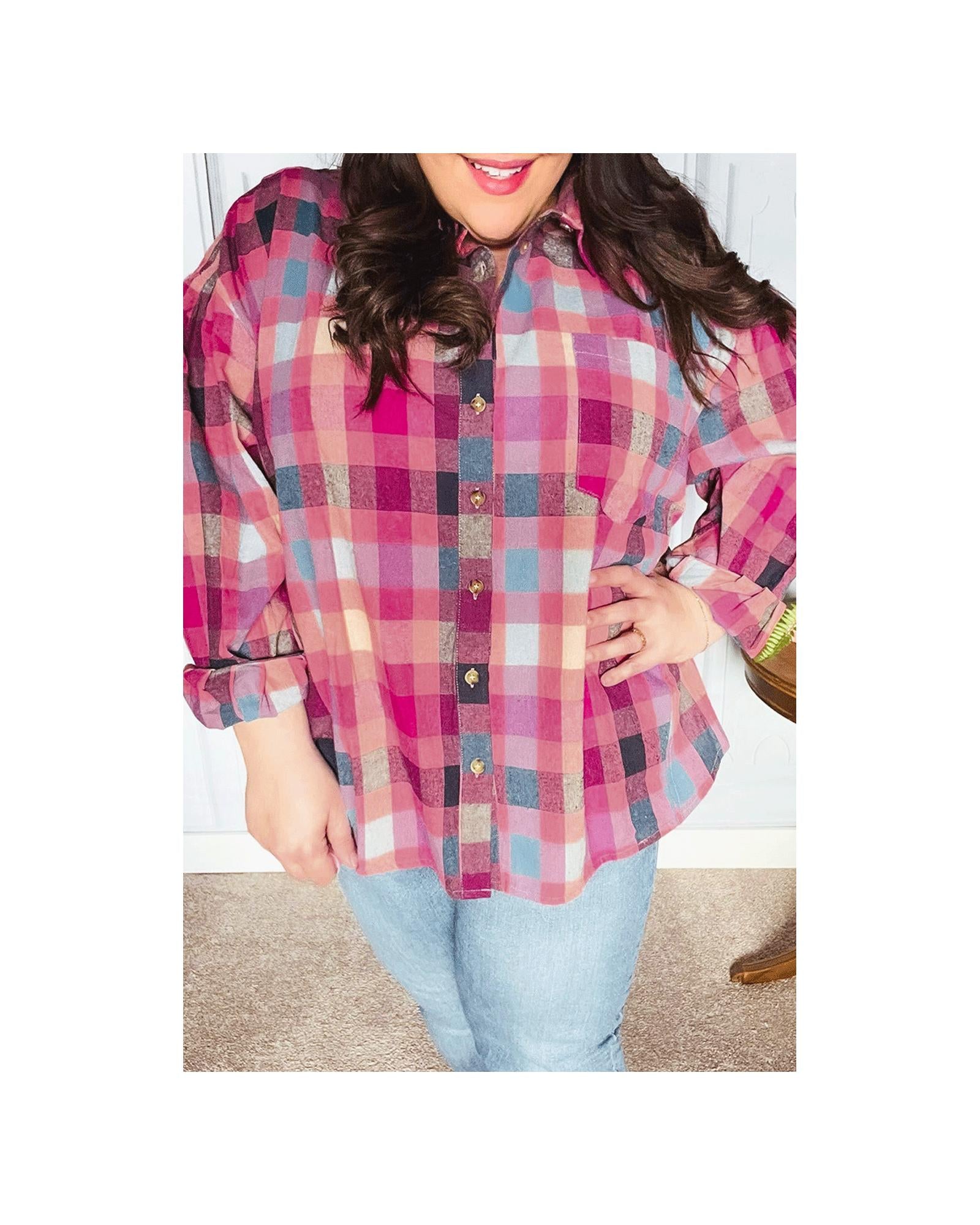 Rose Stripe Plus Size Checkered Print Button up Shirt - 2X 6