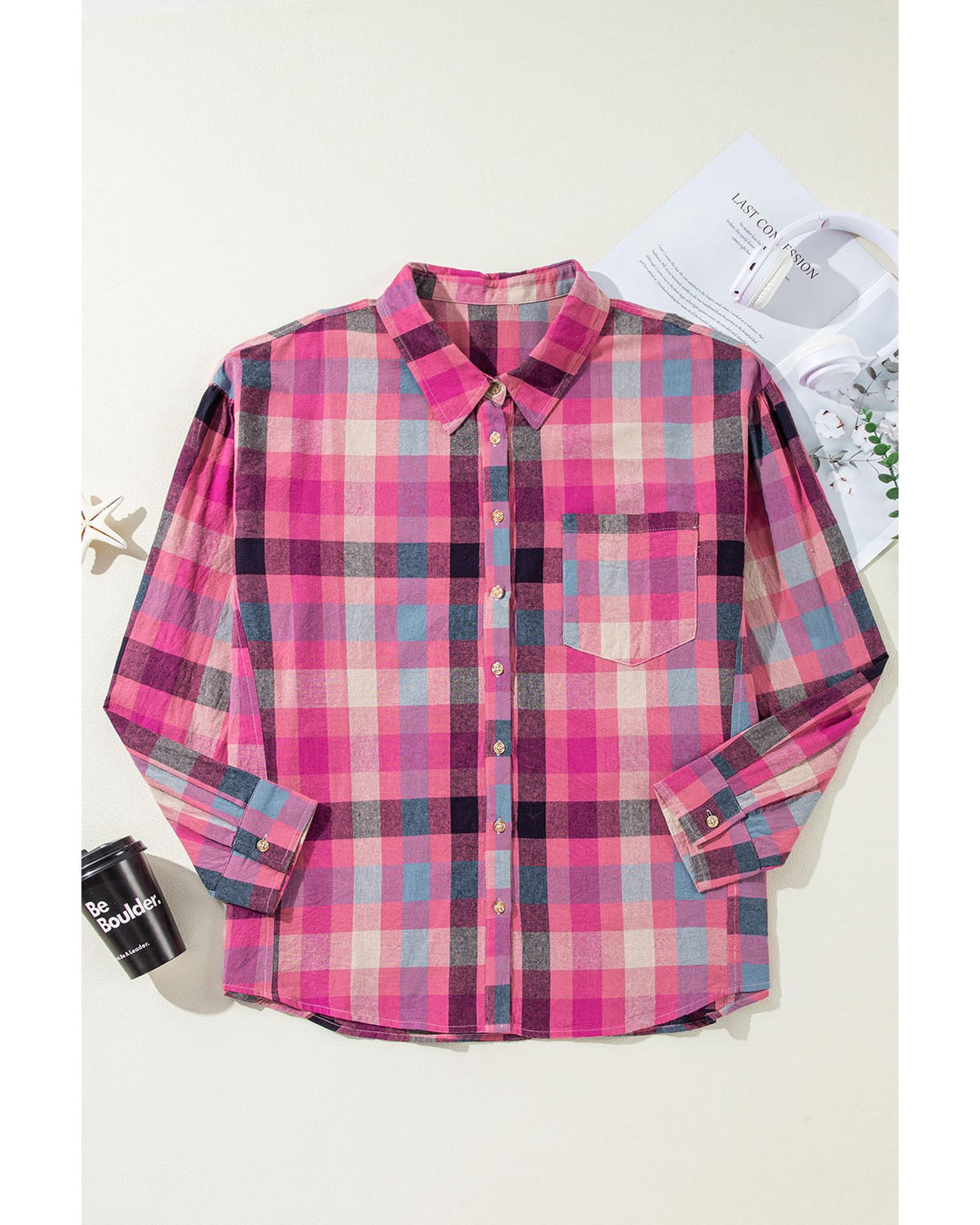 Rose Stripe Plus Size Checkered Print Button up Shirt - 4X 5