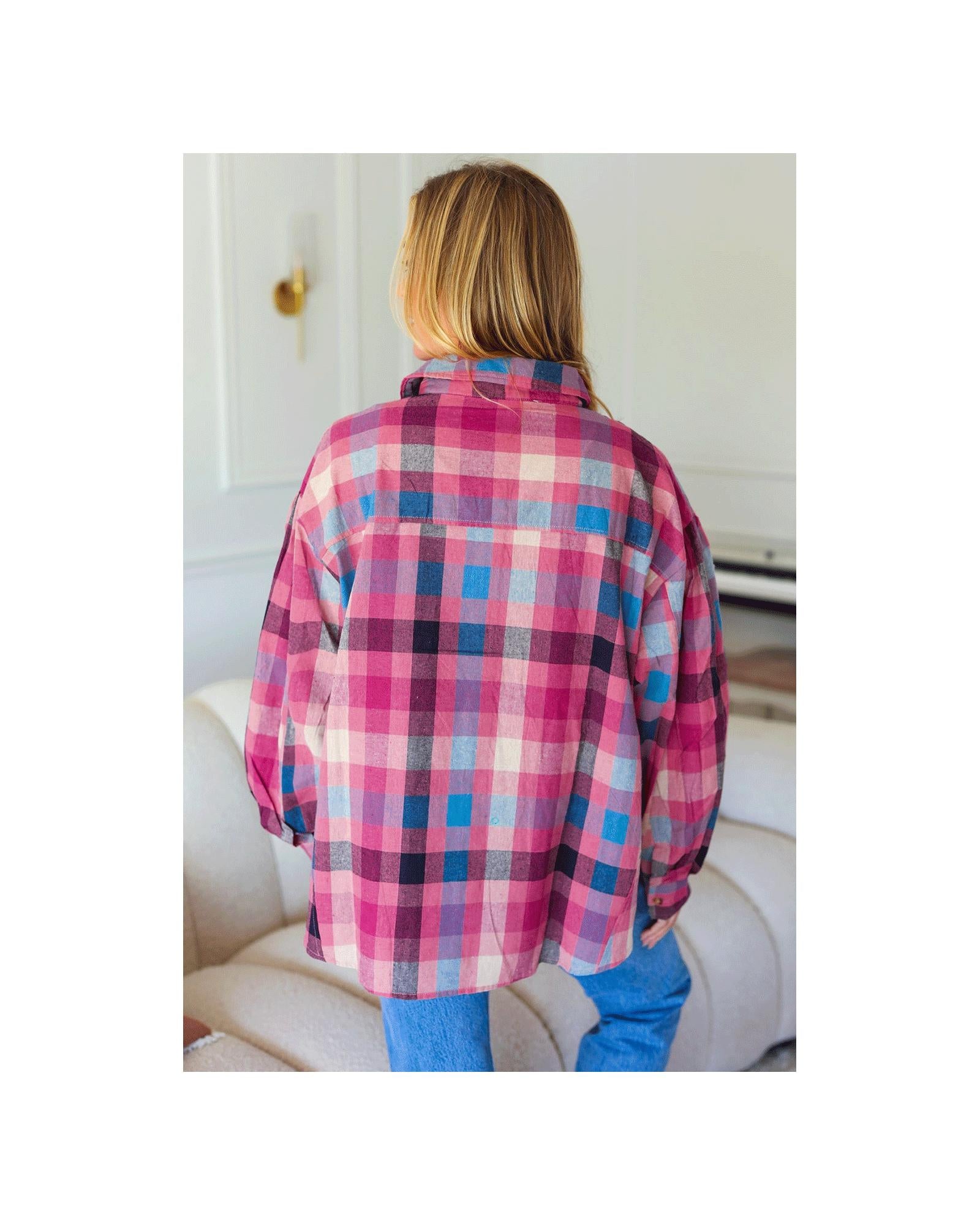 Rose Stripe Plus Size Checkered Print Button up Shirt - 4X 7