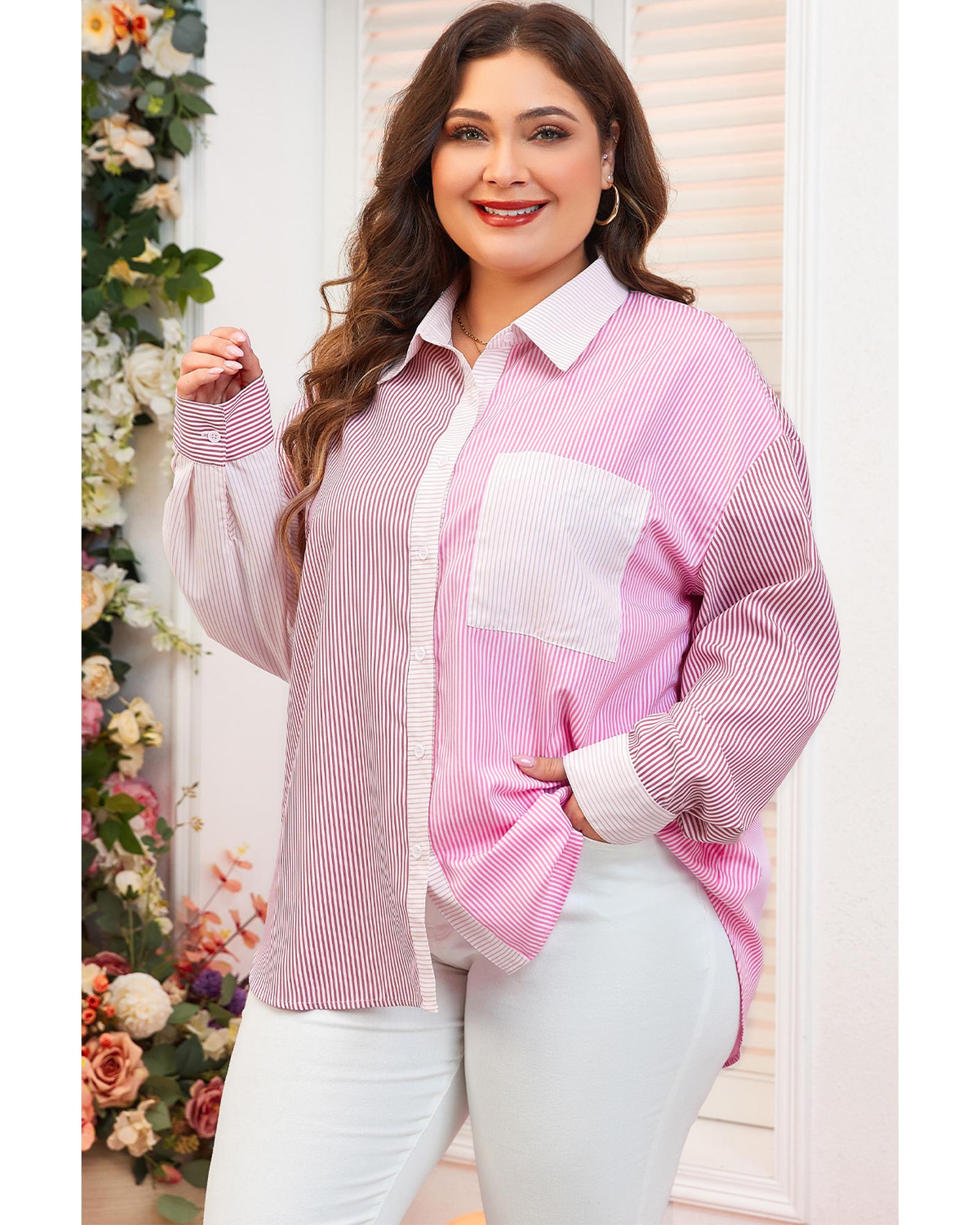 Pink Stripe Print Colorblock Plus Size Shirt - 2X 3