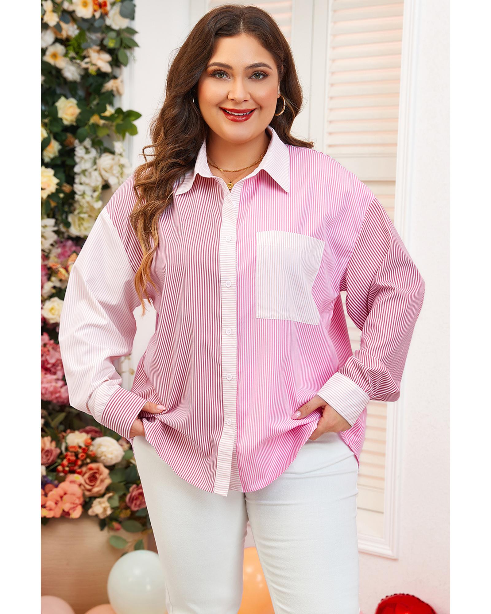 Pink Stripe Print Colorblock Plus Size Shirt - 2X 4
