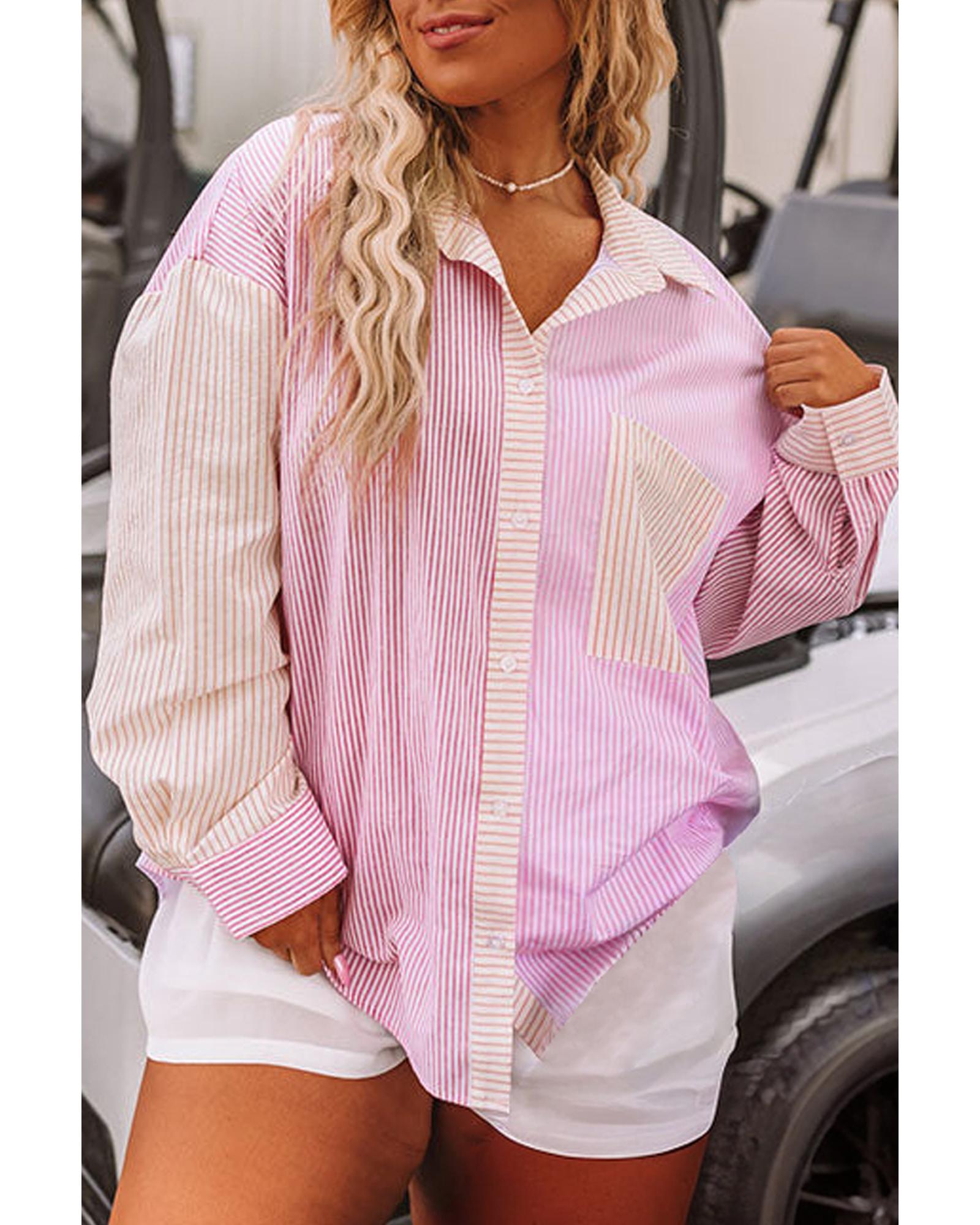 Pink Stripe Print Colorblock Plus Size Shirt - 2X 6