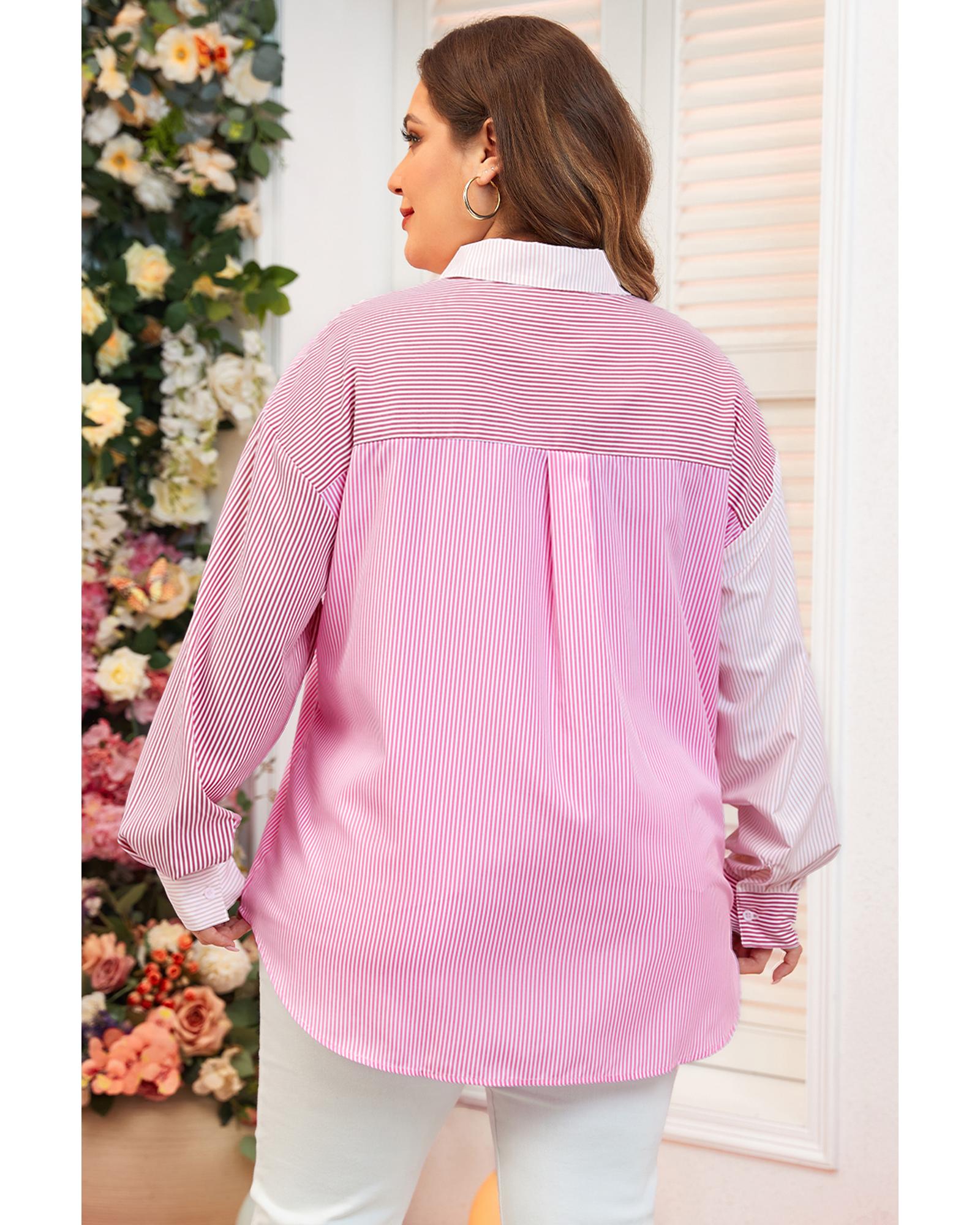 Pink Stripe Print Colorblock Plus Size Shirt - 4X