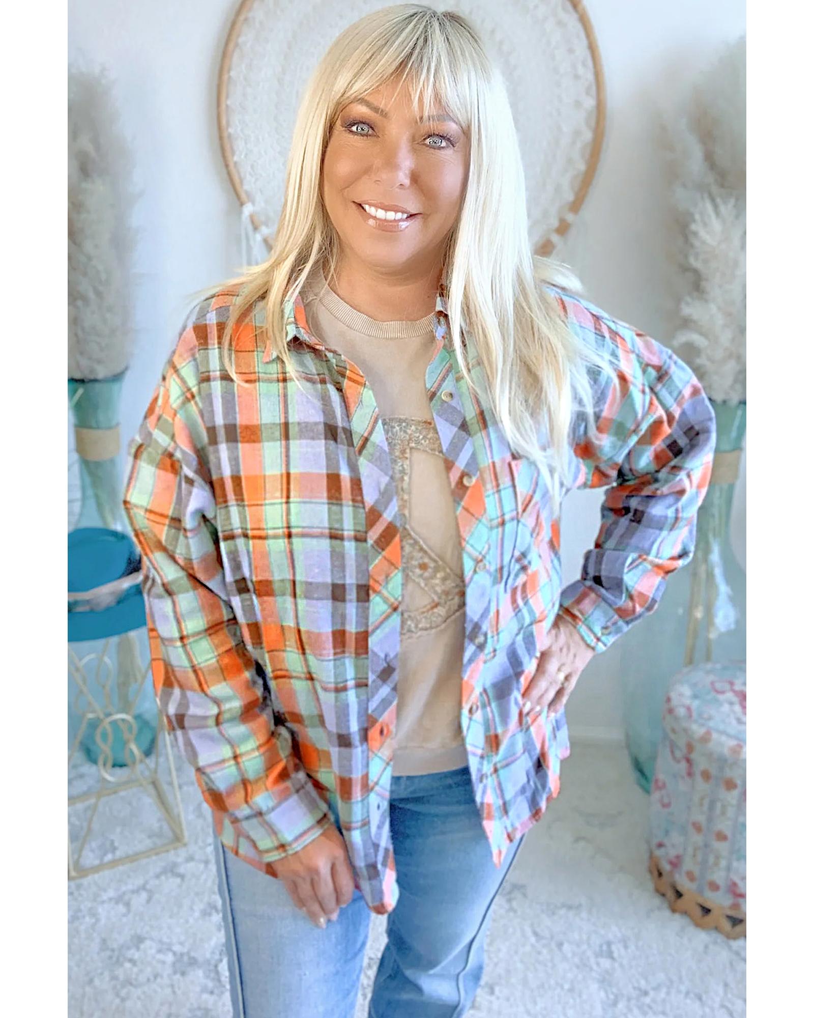 Orange Plus Size Plaid Print Buttoned Shirt - 4X 7