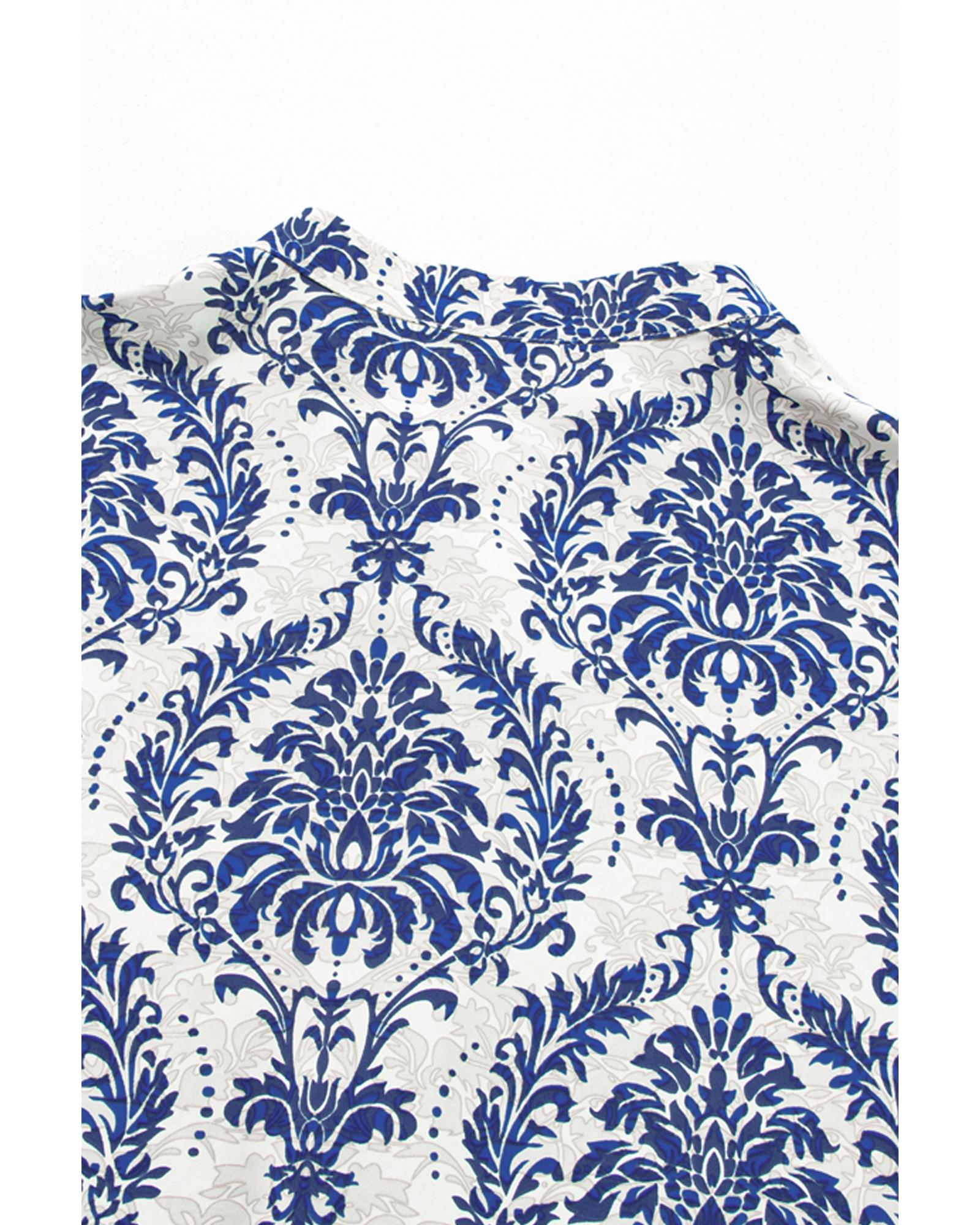 Sky Blue Tribal Pattern Print Notch Neck Buttoned Plus Size Shirt - 1X 8