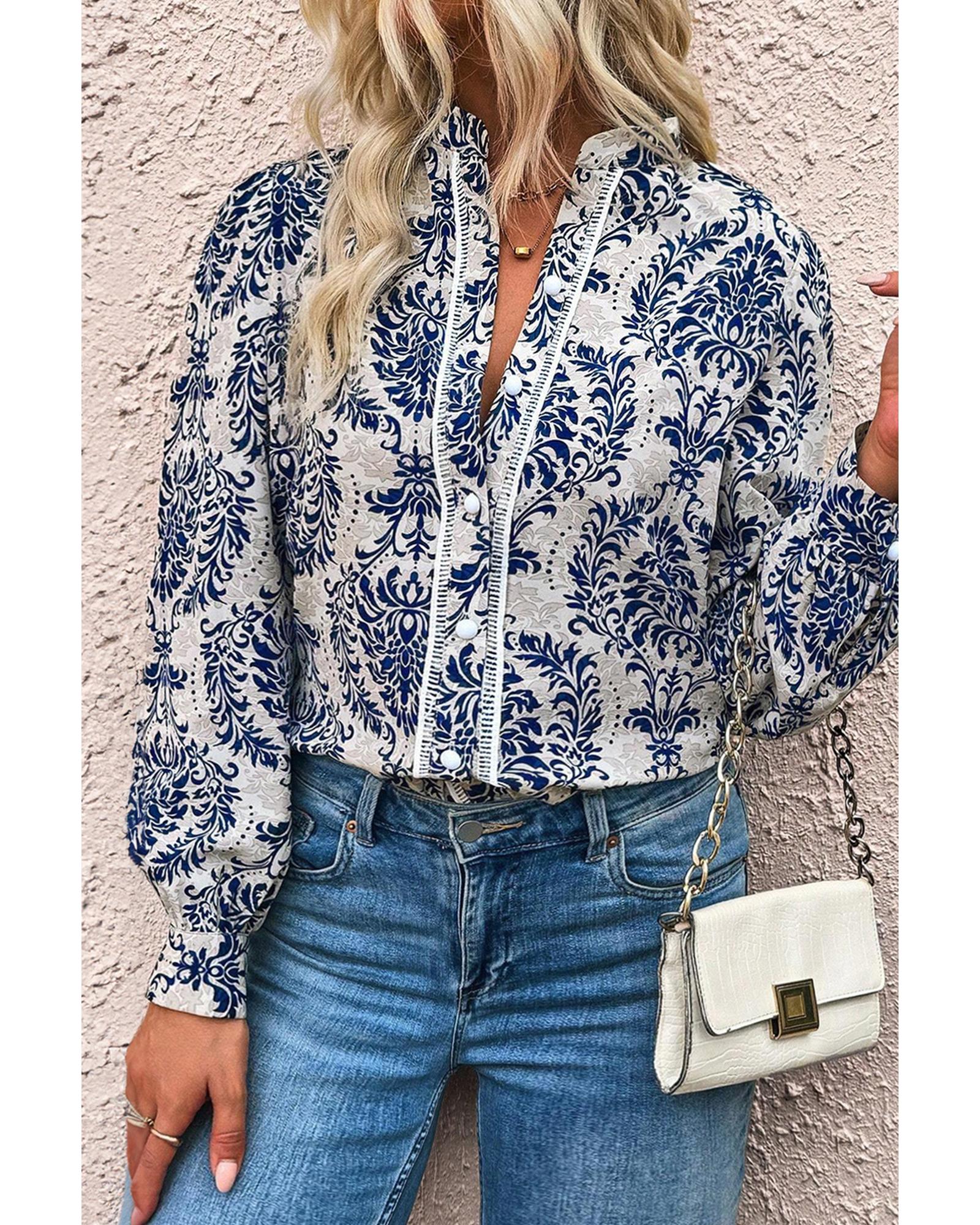 Sky Blue Tribal Pattern Print Notch Neck Buttoned Plus Size Shirt - 2X 3