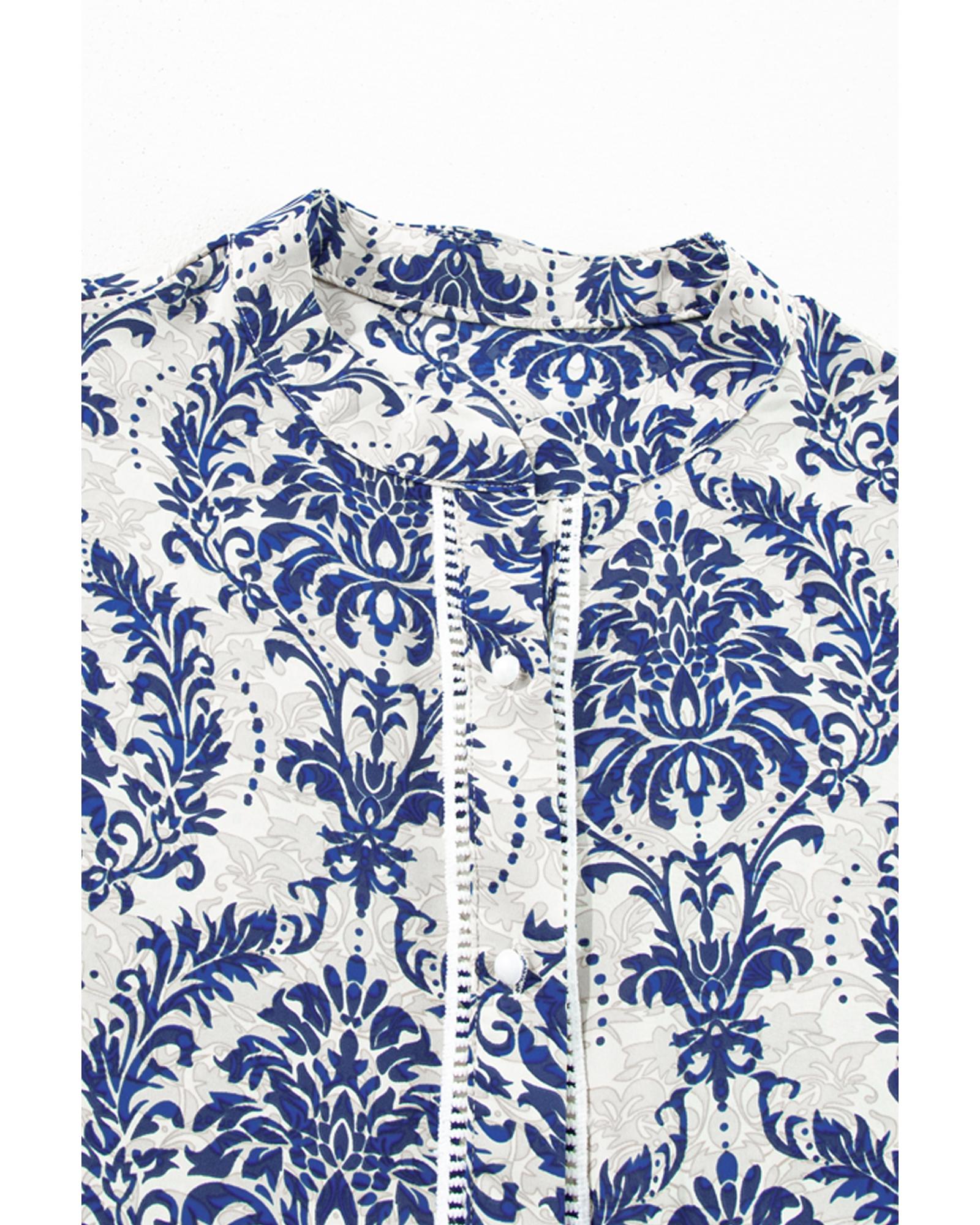 Sky Blue Tribal Pattern Print Notch Neck Buttoned Plus Size Shirt - 2X 7