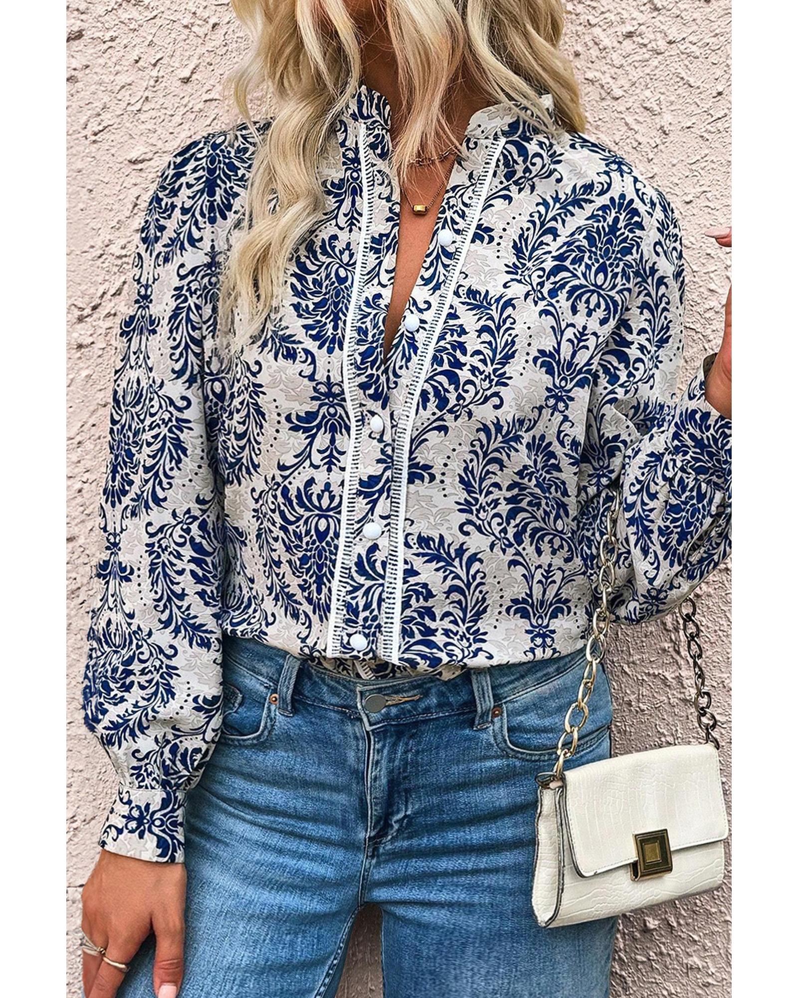 Sky Blue Tribal Pattern Print Notch Neck Buttoned Plus Size Shirt - 3X 5