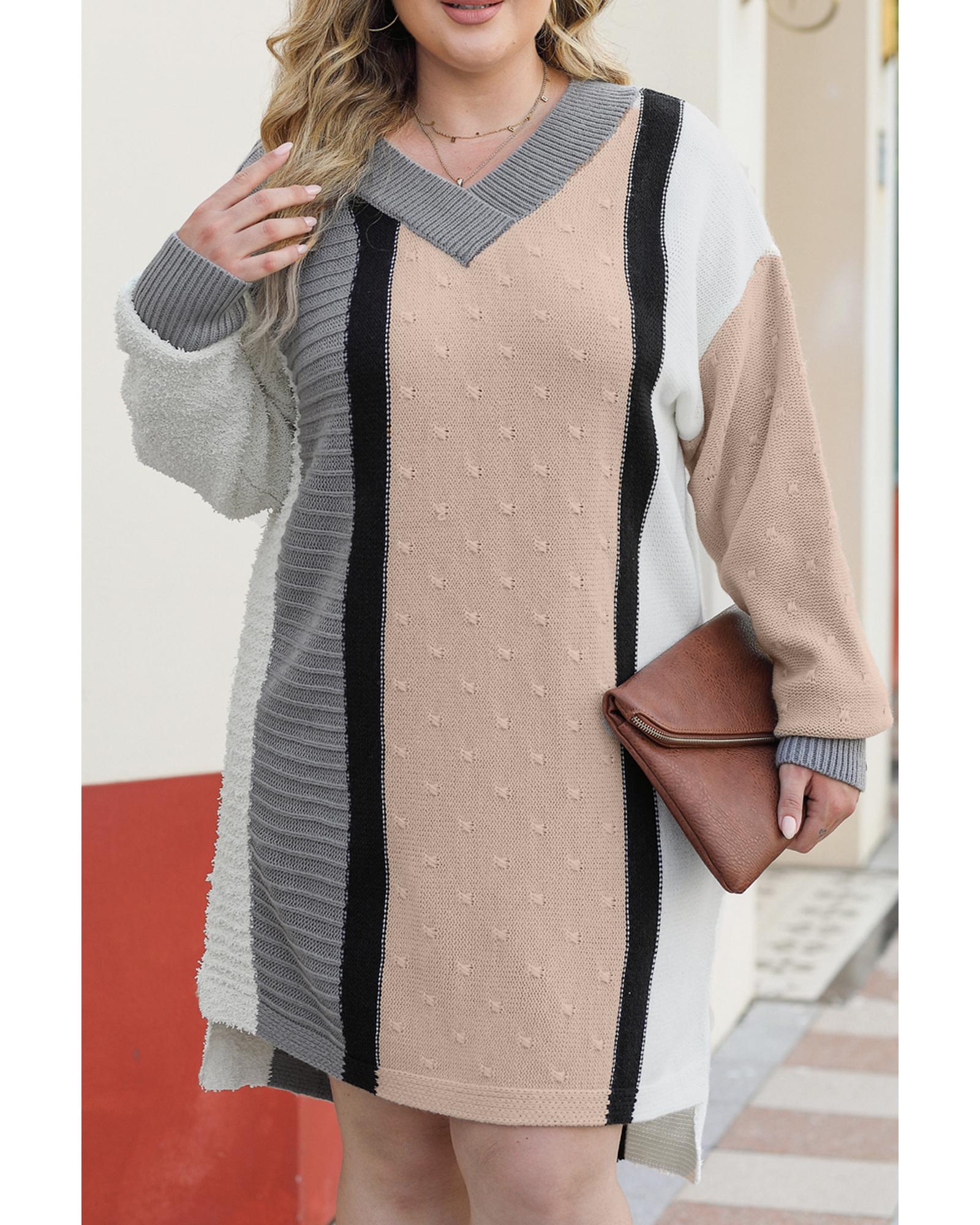 Apricot Mixed Boucl Color Block Plus Size Sweater Dress - 1X 3