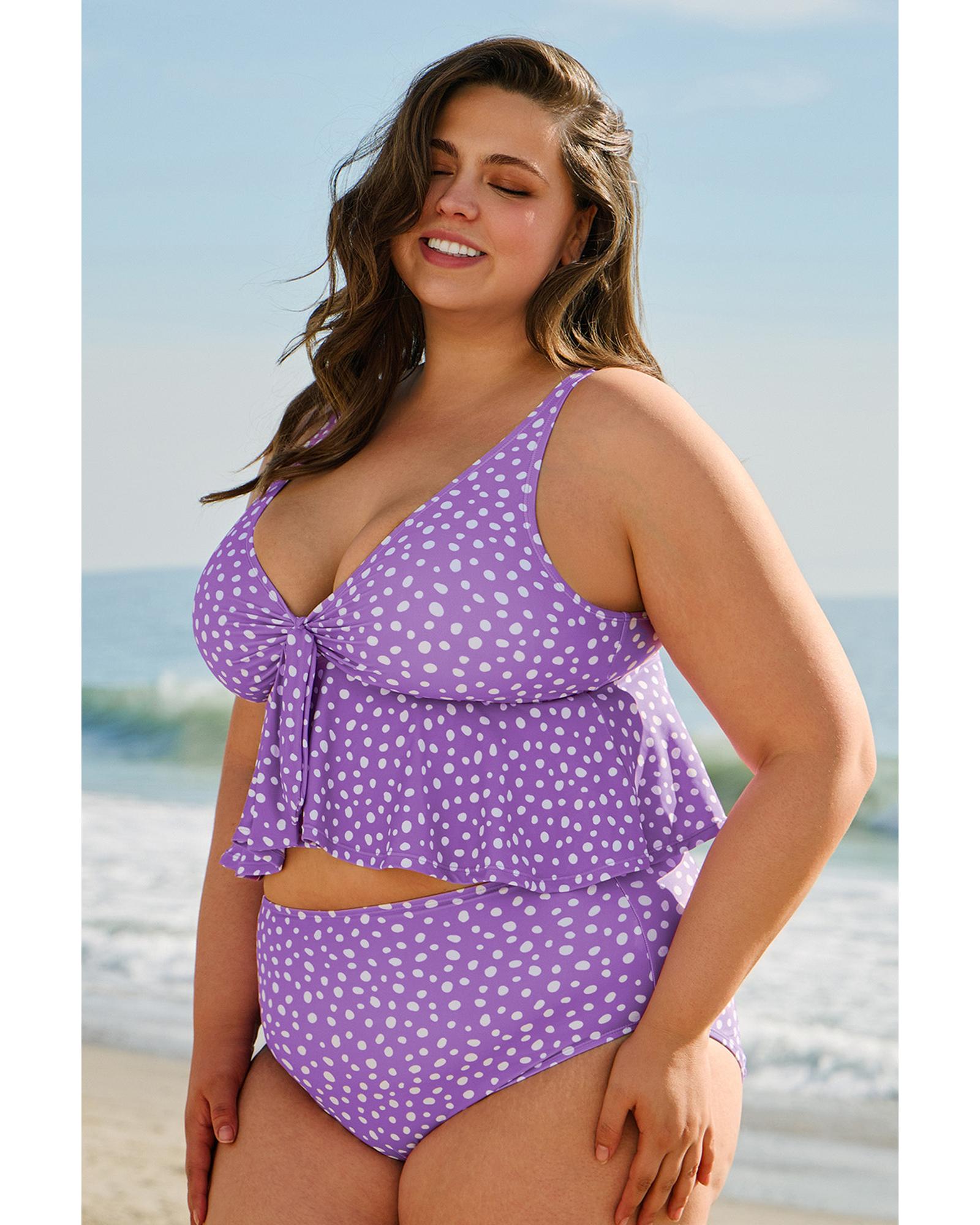Purple Plus Size Polka Dot Print Ruffled Knotted V Neck Tankini Set - 1X 3