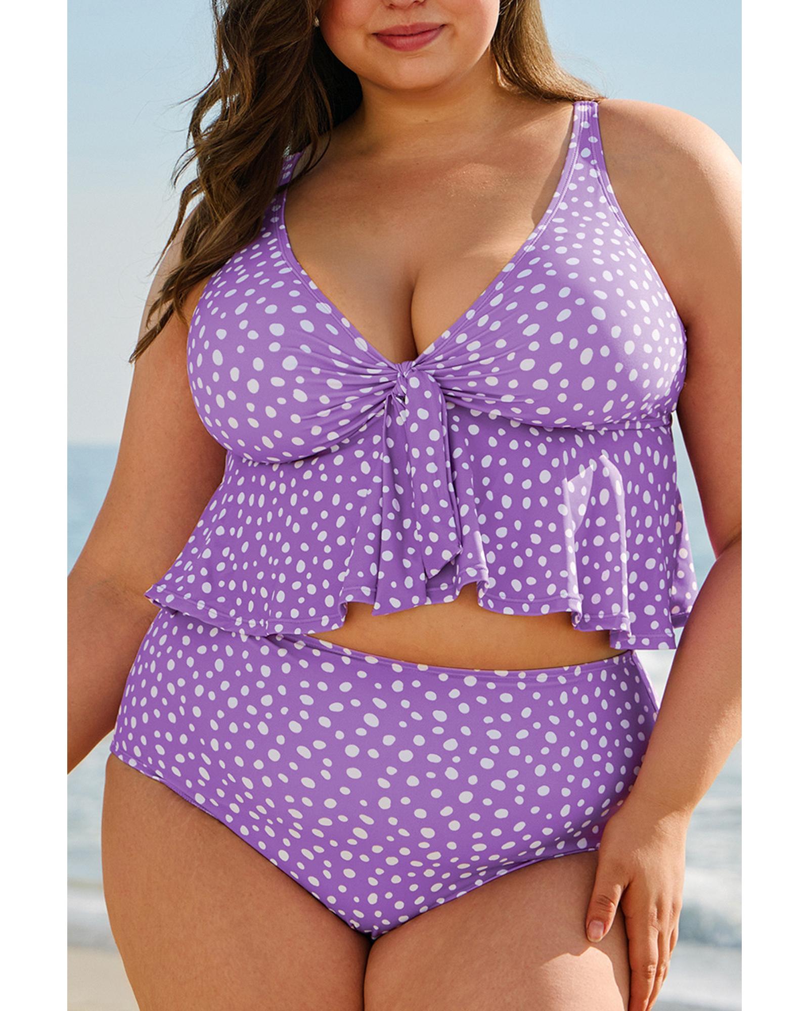 Purple Plus Size Polka Dot Print Ruffled Knotted V Neck Tankini Set - 1X 6