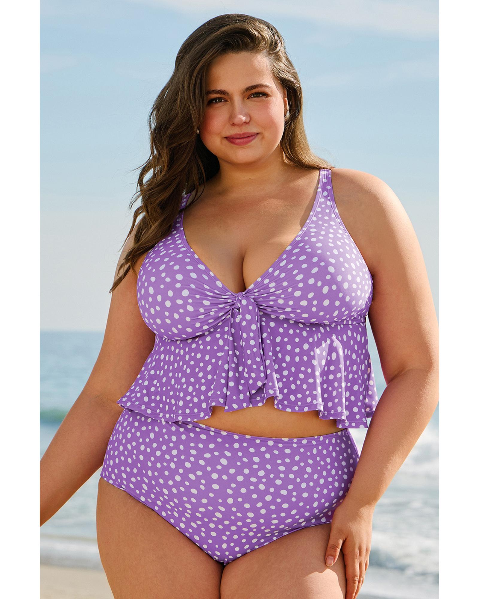 Purple Plus Size Polka Dot Print Ruffled Knotted V Neck Tankini Set - 3X
