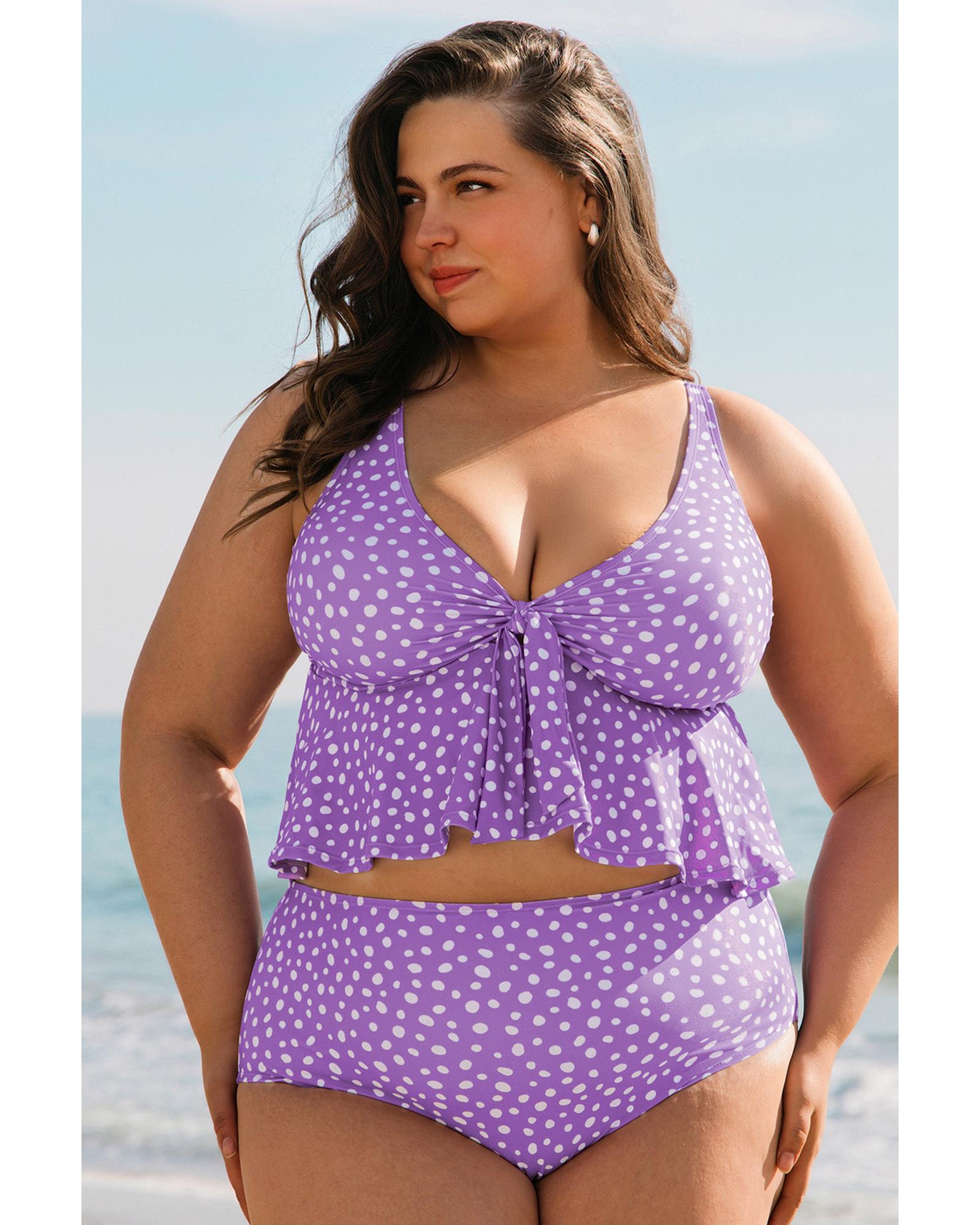 Purple Plus Size Polka Dot Print Ruffled Knotted V Neck Tankini Set - 4X 4