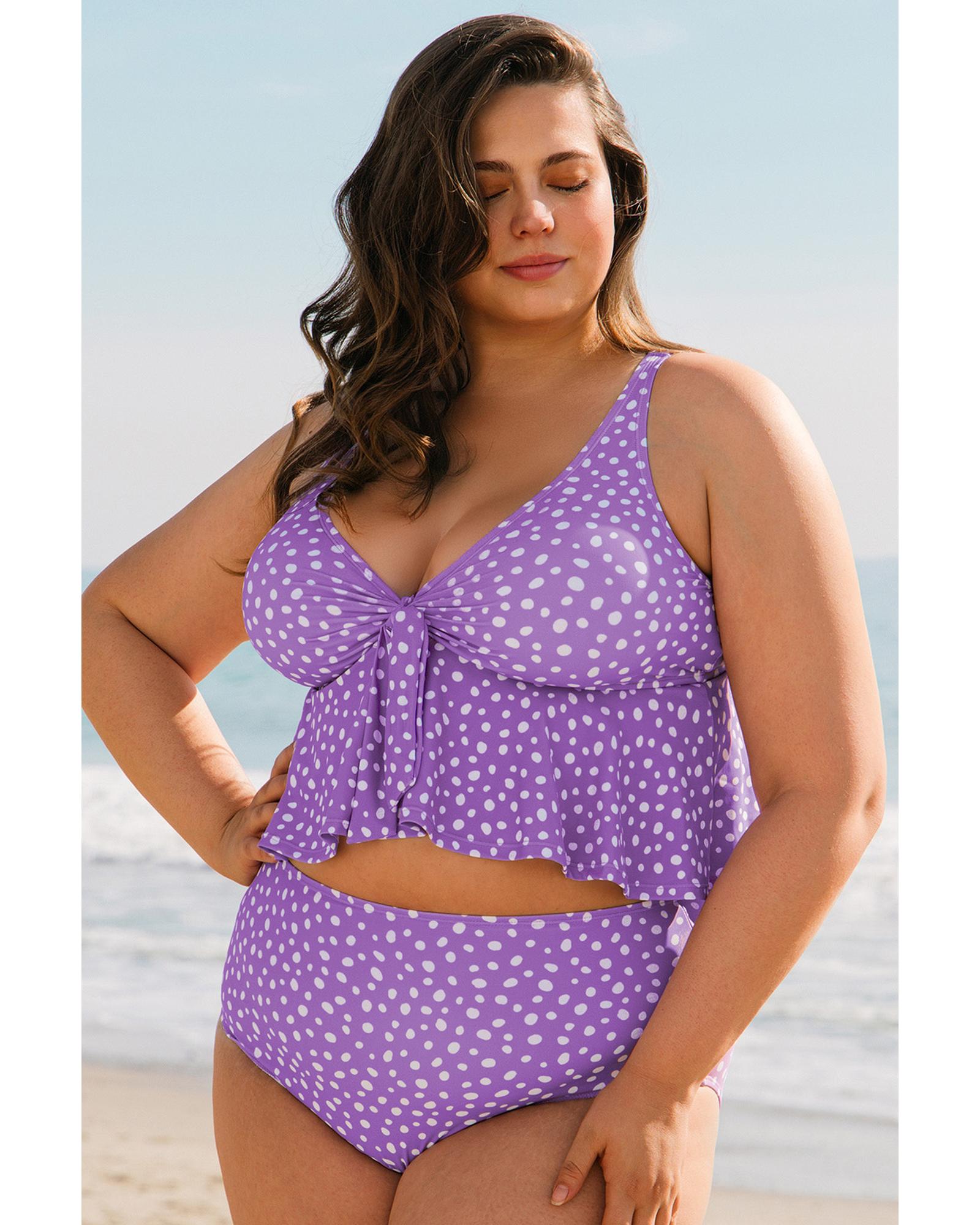 Purple Plus Size Polka Dot Print Ruffled Knotted V Neck Tankini Set - 4X 7