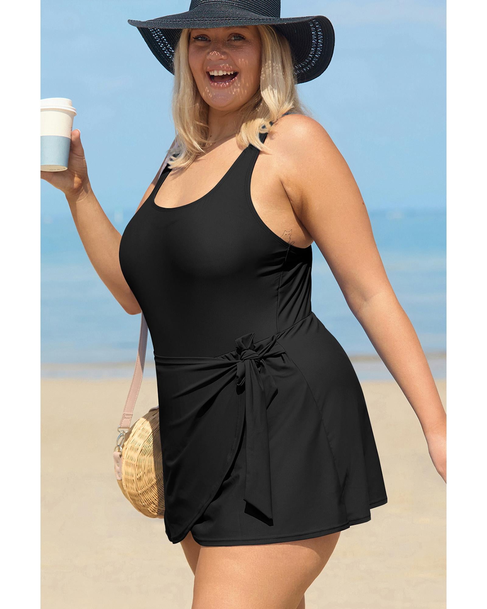 Black Solid Color Square Neck Knotted Plus Size One Piece Swimsuit - 3X 3