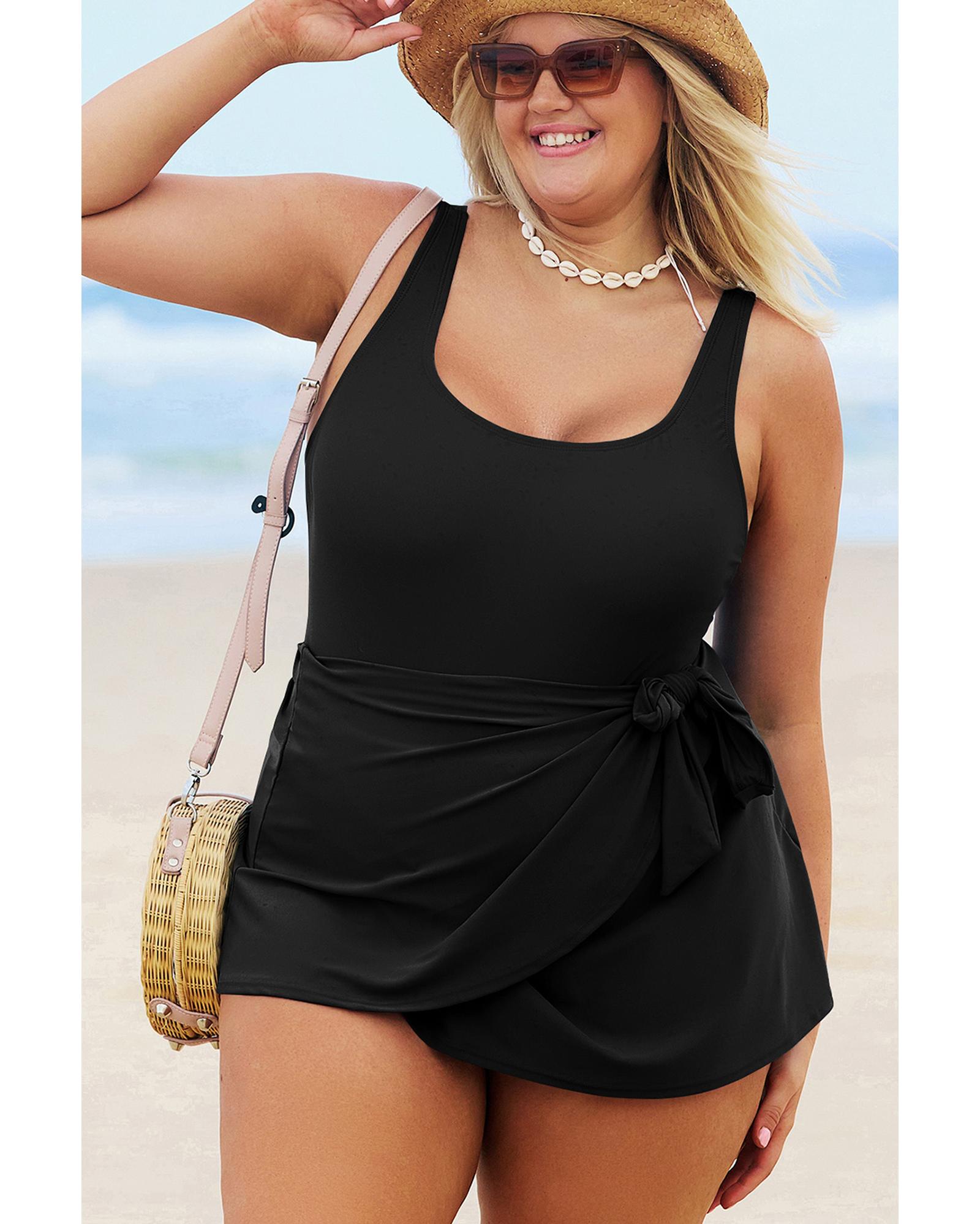Black Solid Color Square Neck Knotted Plus Size One Piece Swimsuit - 3X 5