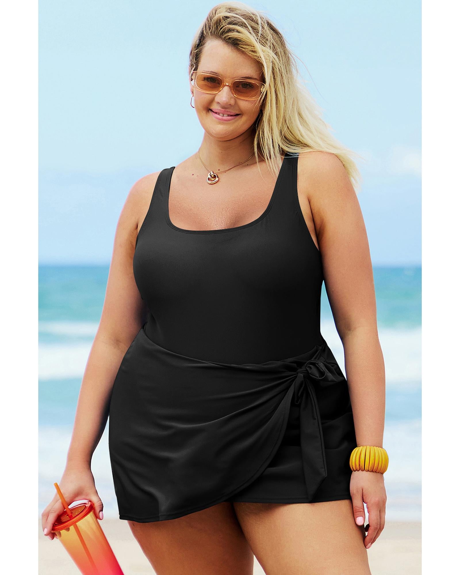 Black Solid Color Square Neck Knotted Plus Size One Piece Swimsuit - 3X 6
