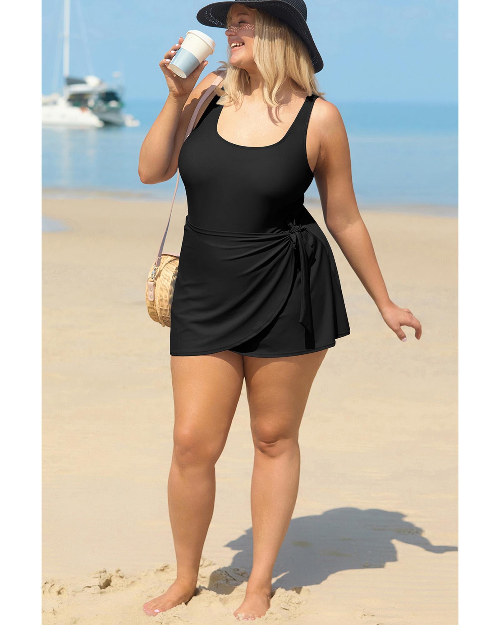 Black Solid Color Square Neck Knotted Plus Size One Piece Swimsuit - 3X 8