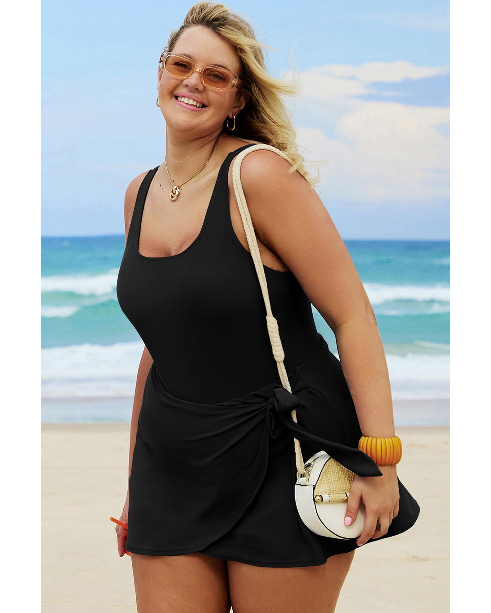 Black Solid Color Square Neck Knotted Plus Size One Piece Swimsuit - 4X 4