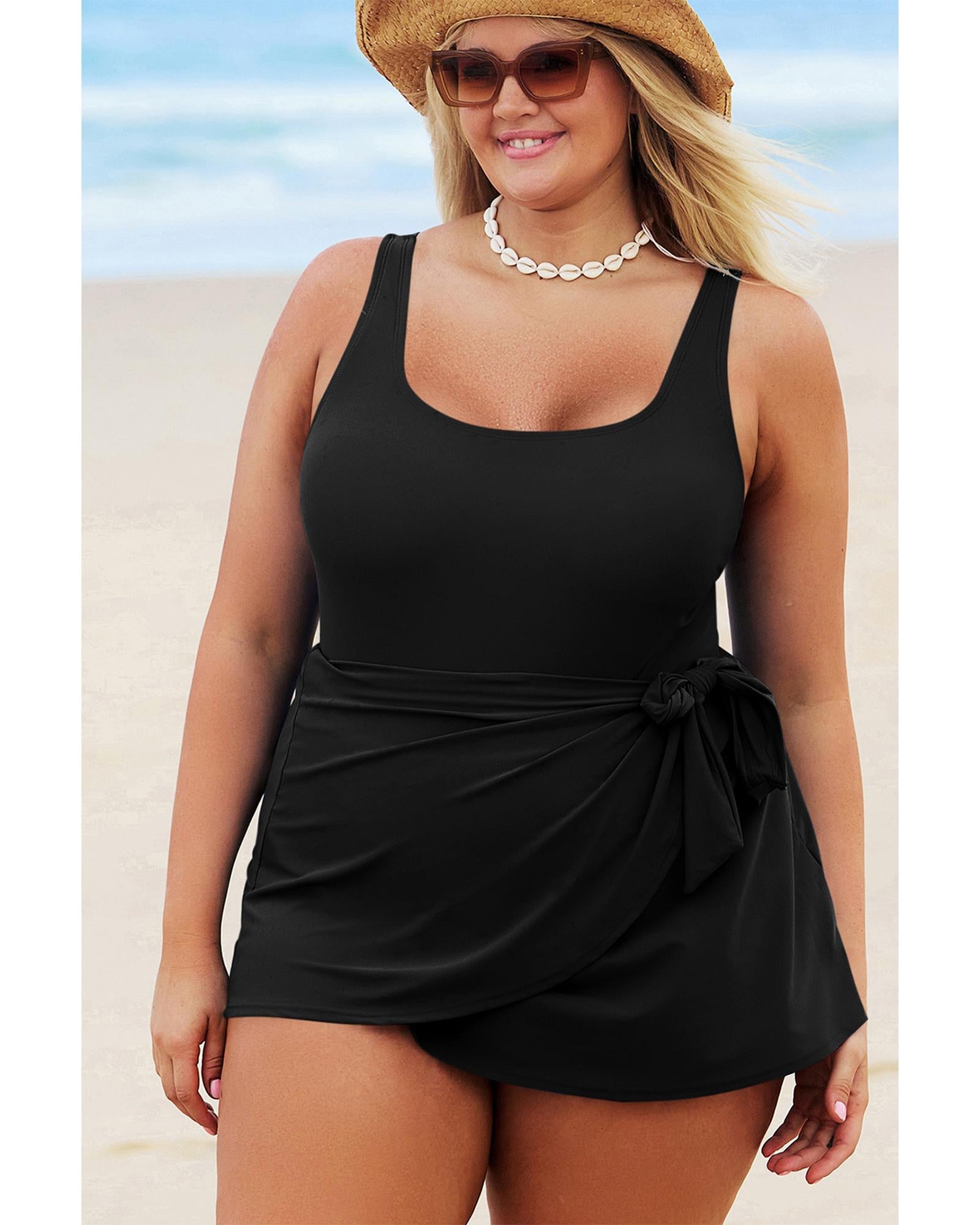 Black Solid Color Square Neck Knotted Plus Size One Piece Swimsuit - 4X 7