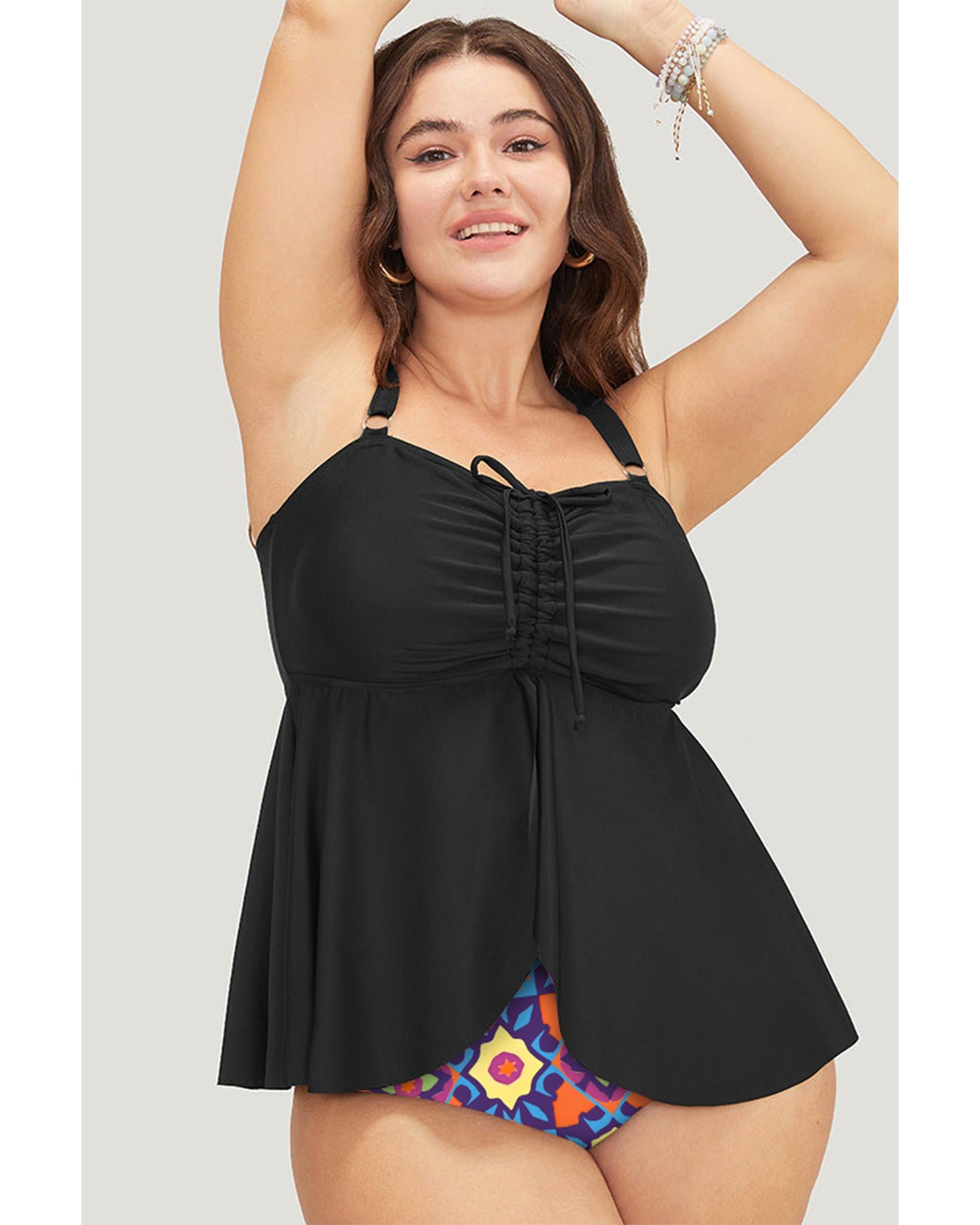 Black Drawstring Tied Front Flared Top Geometric Print Bottom Plus Size Tankinis - 2X 3