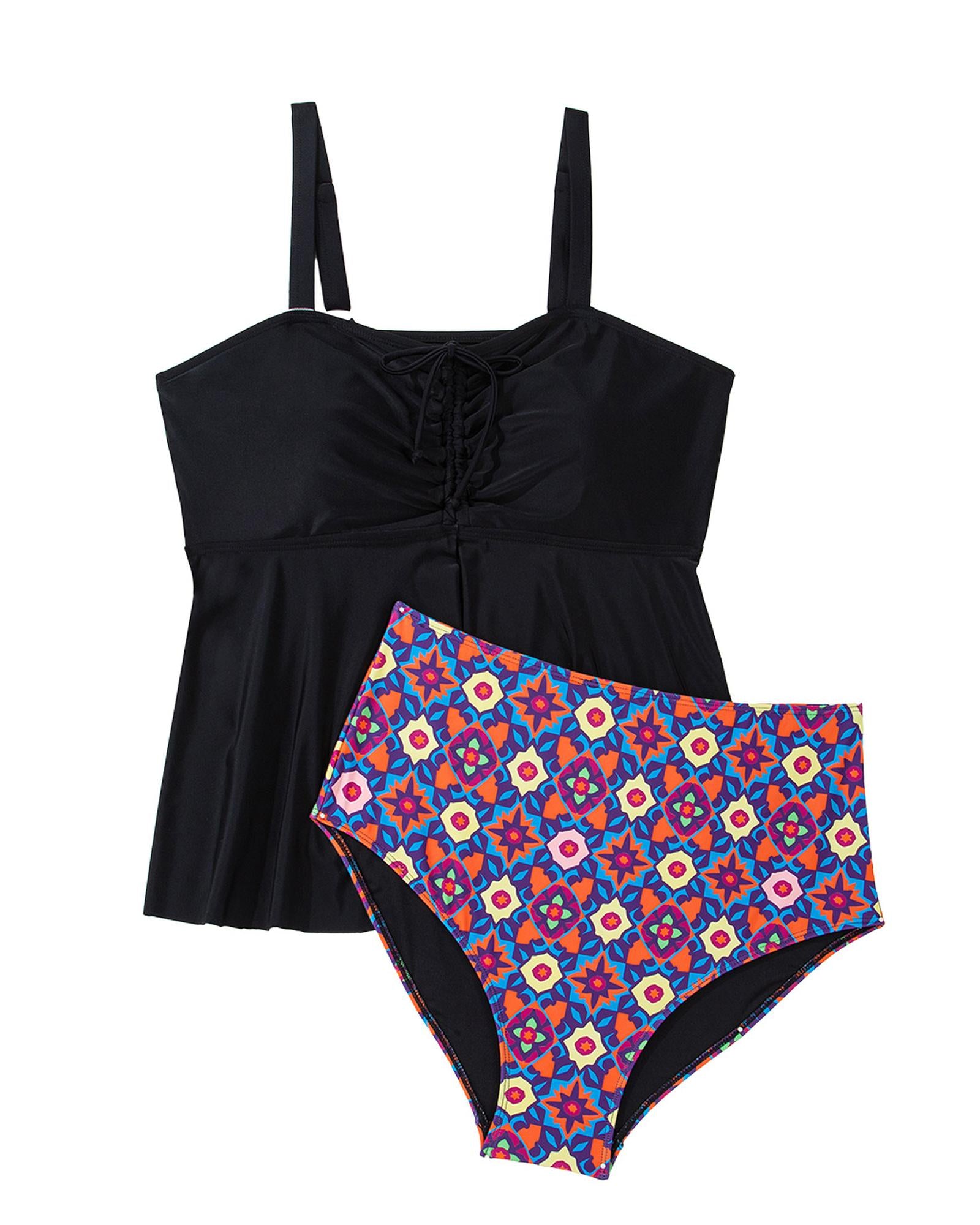 Black Drawstring Tied Front Flared Top Geometric Print Bottom Plus Size Tankinis - 2X 5