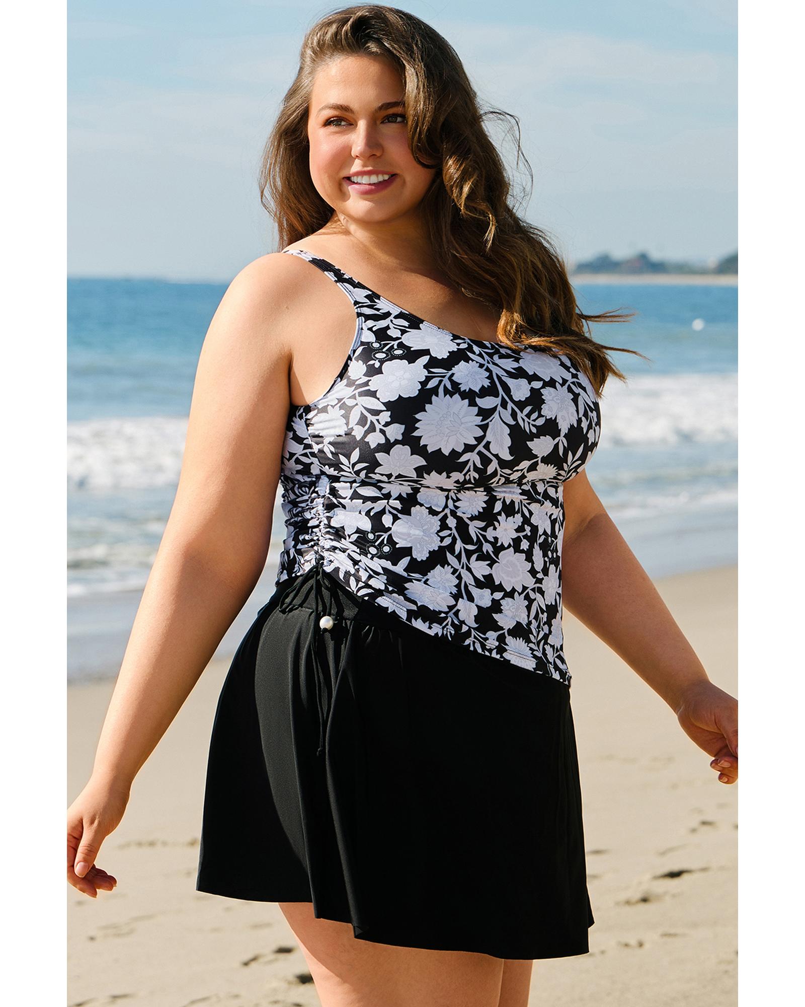 Black Plus Size Printed Square Neck Drawstring Ruffled Tankini Set - 1X 3