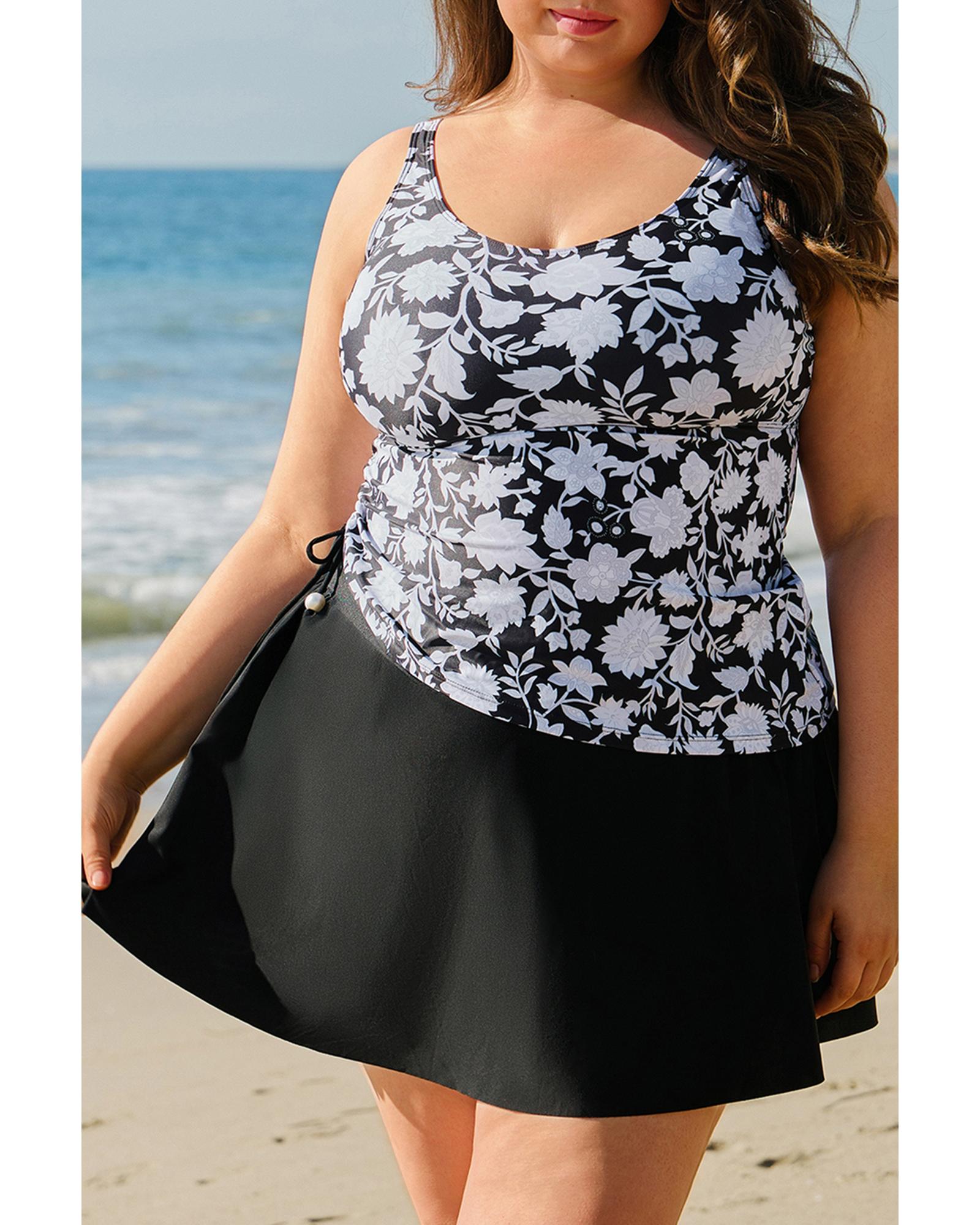 Black Plus Size Printed Square Neck Drawstring Ruffled Tankini Set - 1X 8