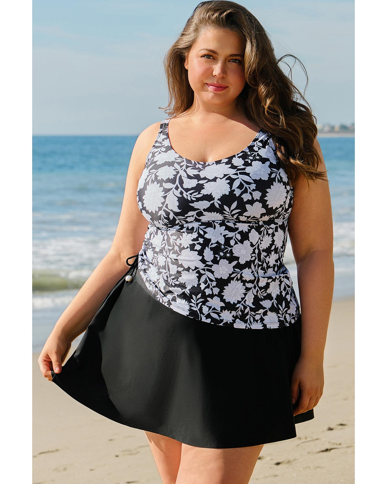 Black Plus Size Printed Square Neck Drawstring Ruffled Tankini Set - 3X