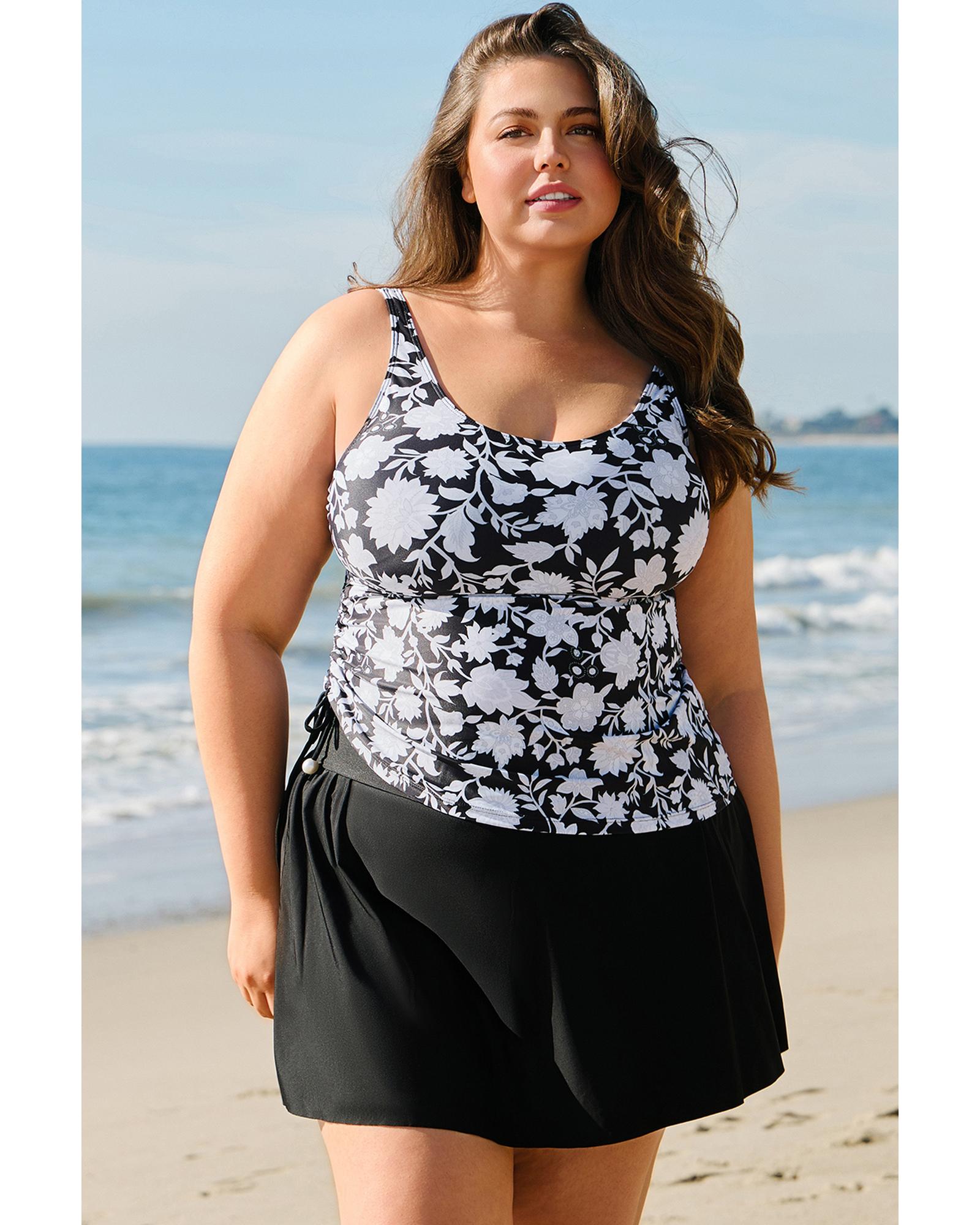 Black Plus Size Printed Square Neck Drawstring Ruffled Tankini Set - 3X 4