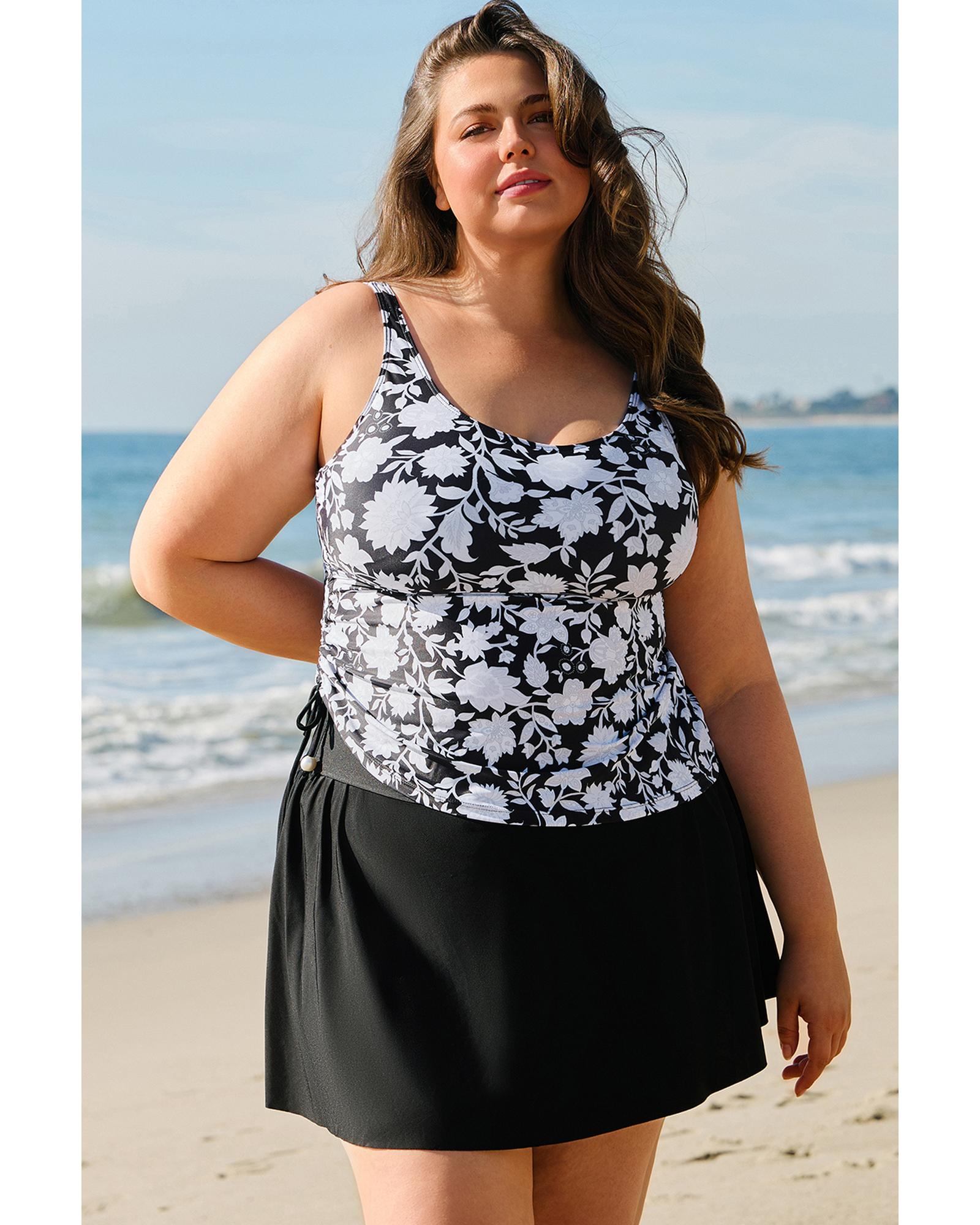 Black Plus Size Printed Square Neck Drawstring Ruffled Tankini Set - 3X 6
