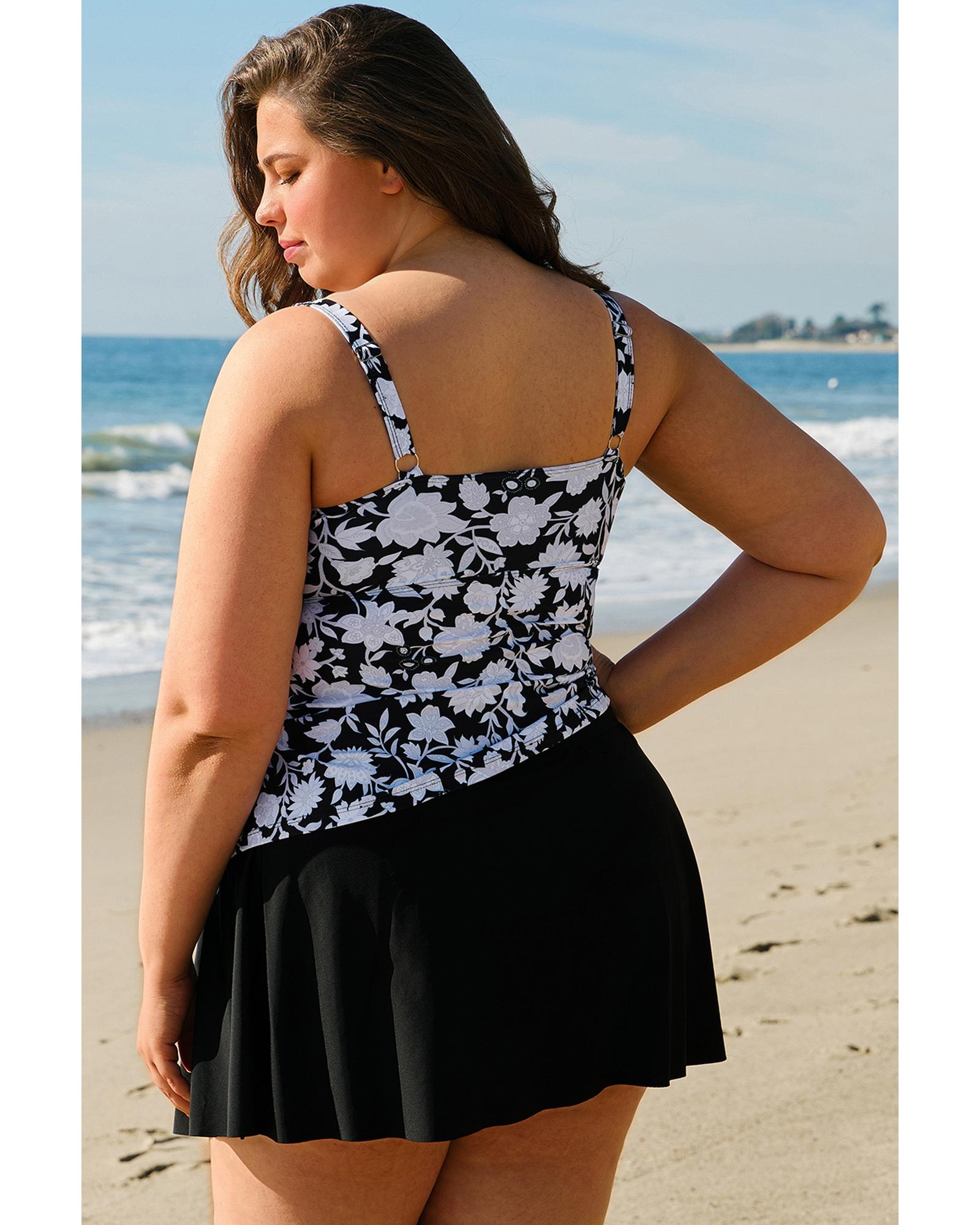 Black Plus Size Printed Square Neck Drawstring Ruffled Tankini Set - 4X