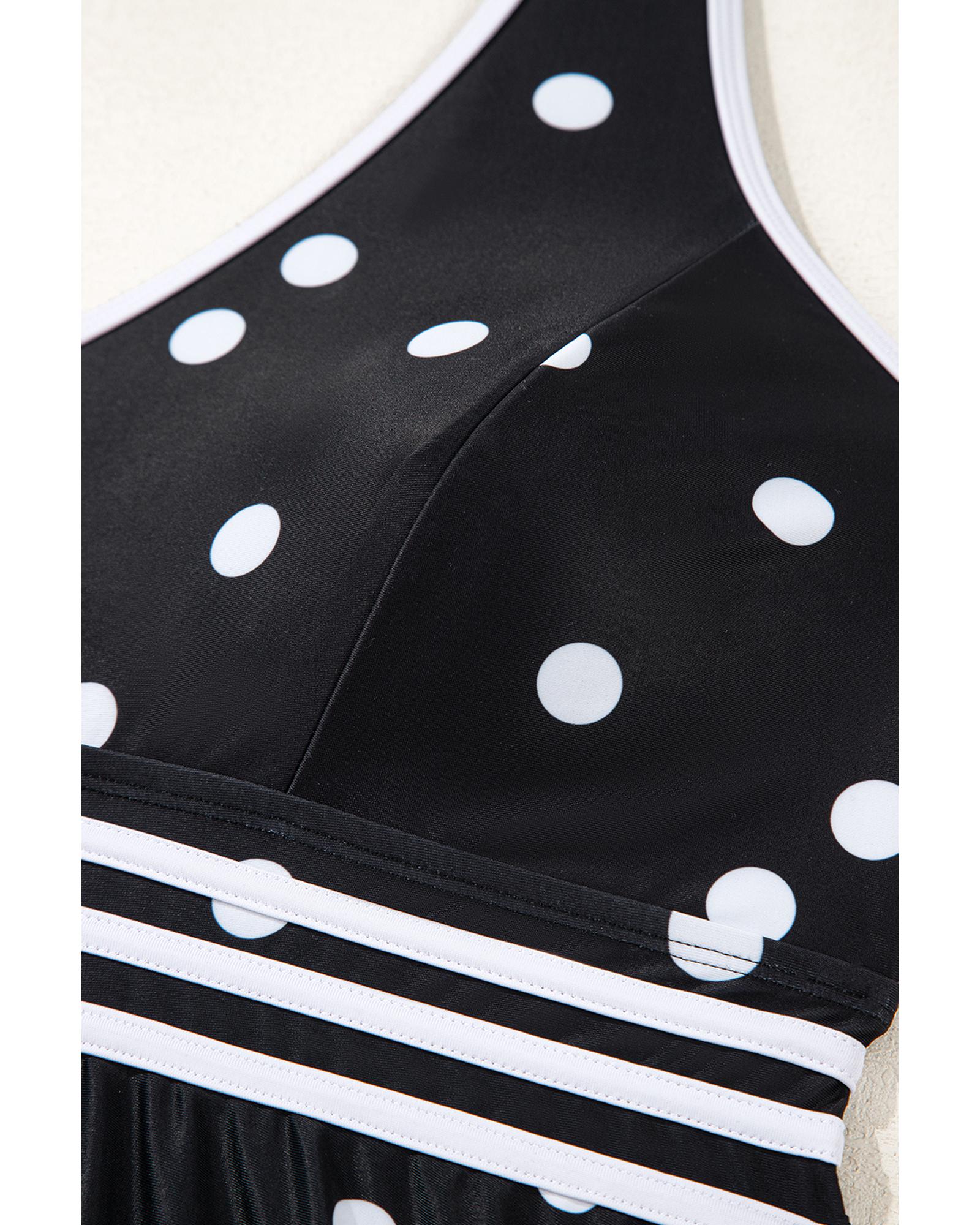 Black Polka Dot Trim V Neck Plus Size Swim Dress - 1X 3
