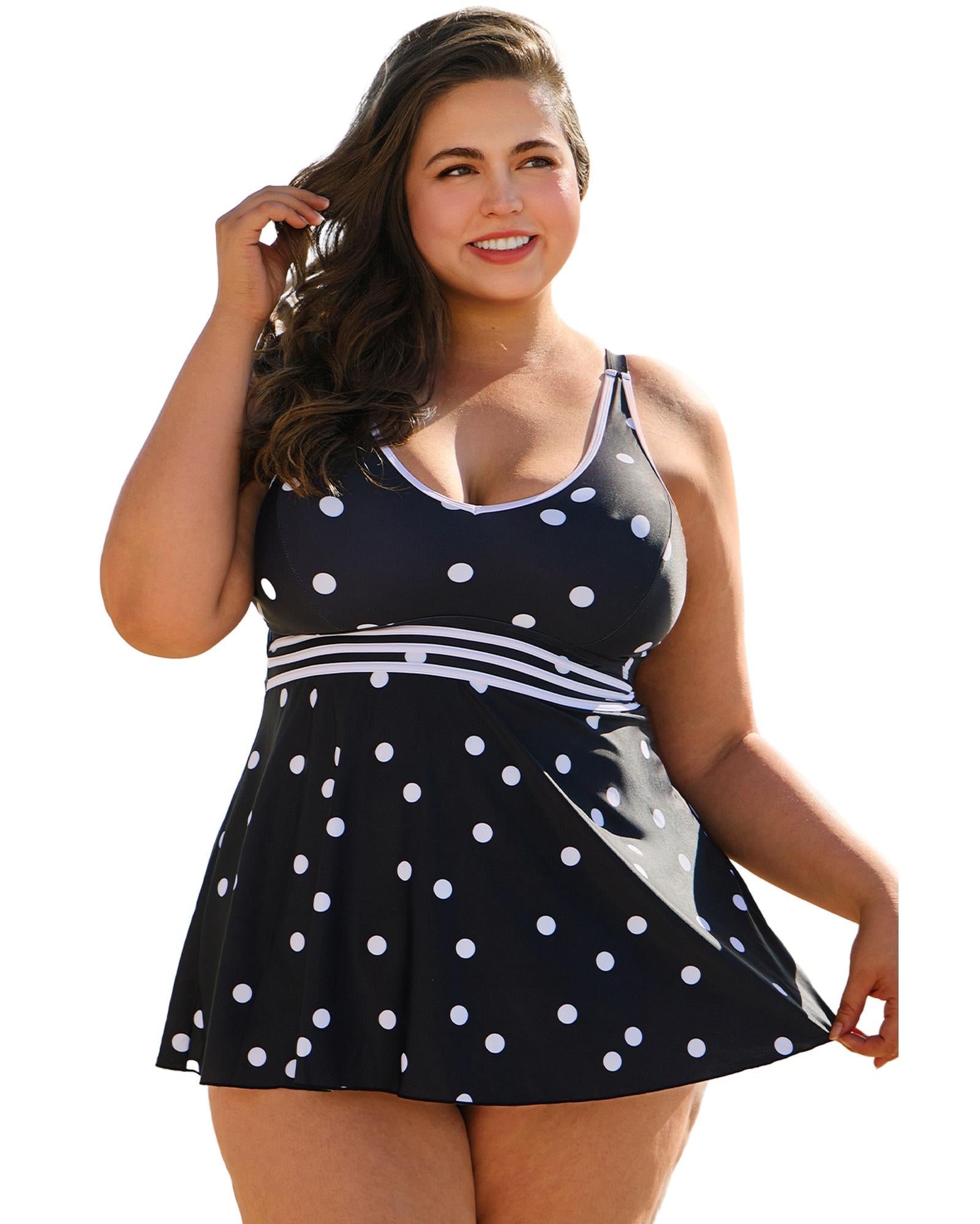 Black Polka Dot Trim V Neck Plus Size Swim Dress - 1X 5