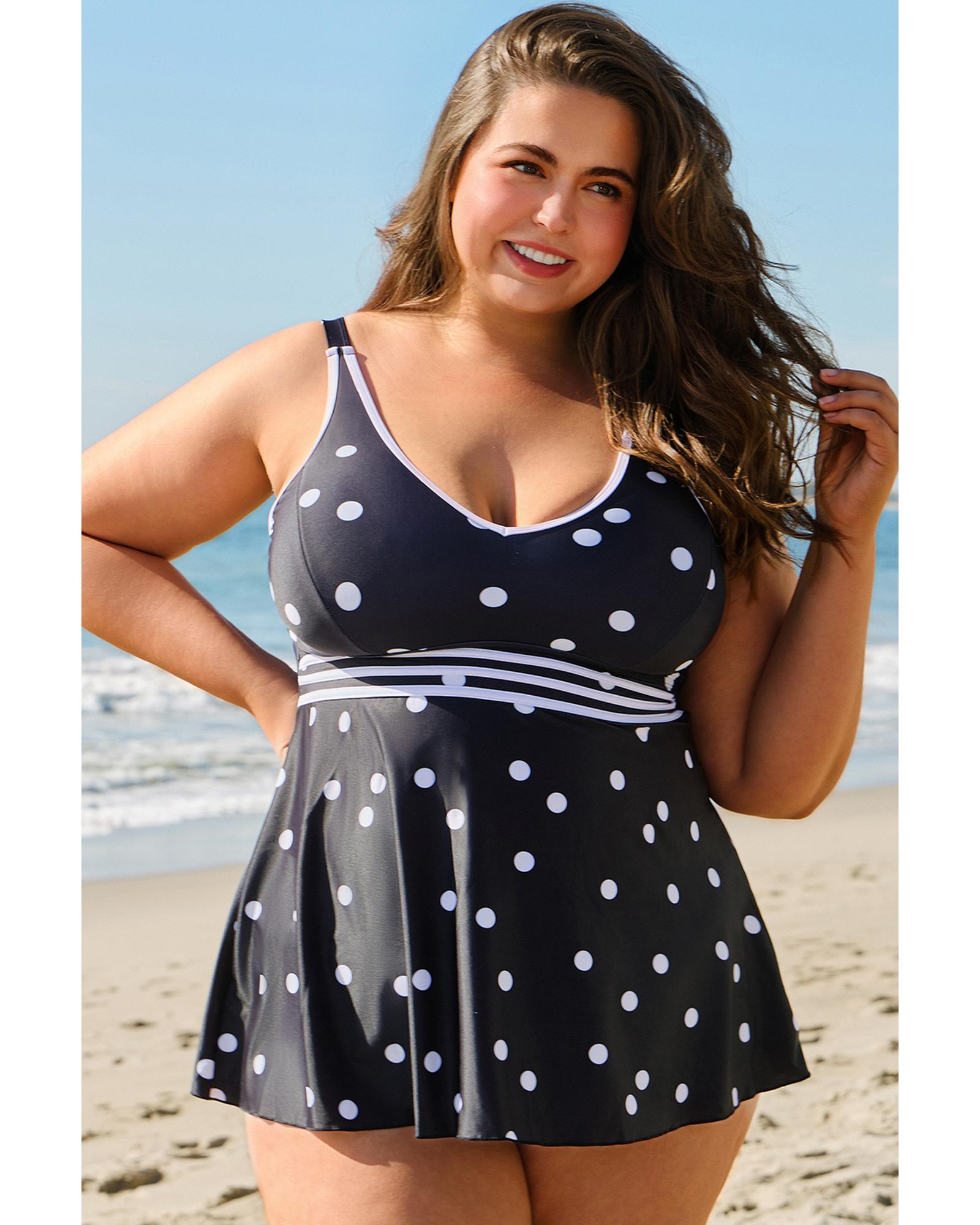 Black Polka Dot Trim V Neck Plus Size Swim Dress - 4X