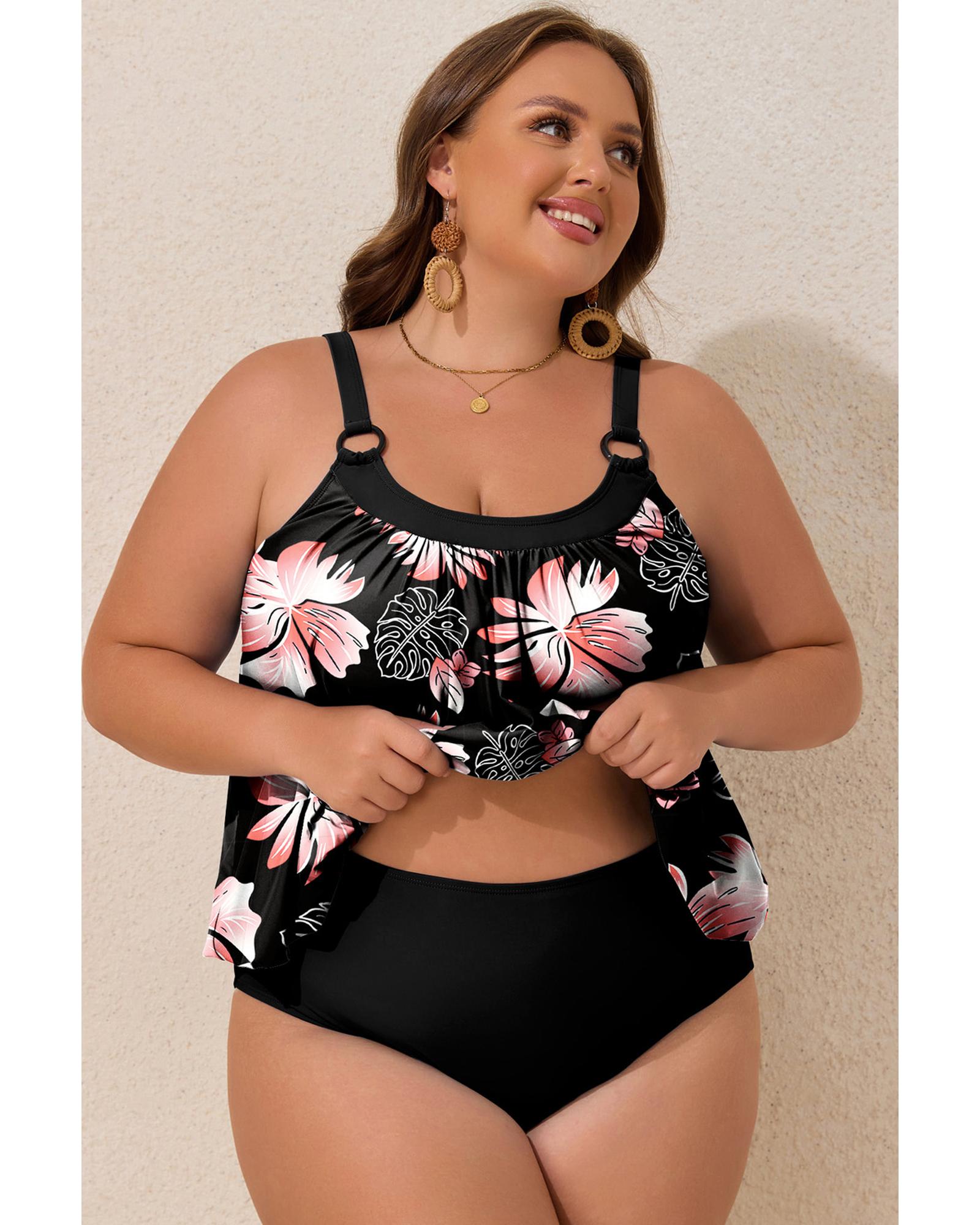 Black 2pcs Plus Size Wide Strap Floral Top Tankini Set - 2X 4