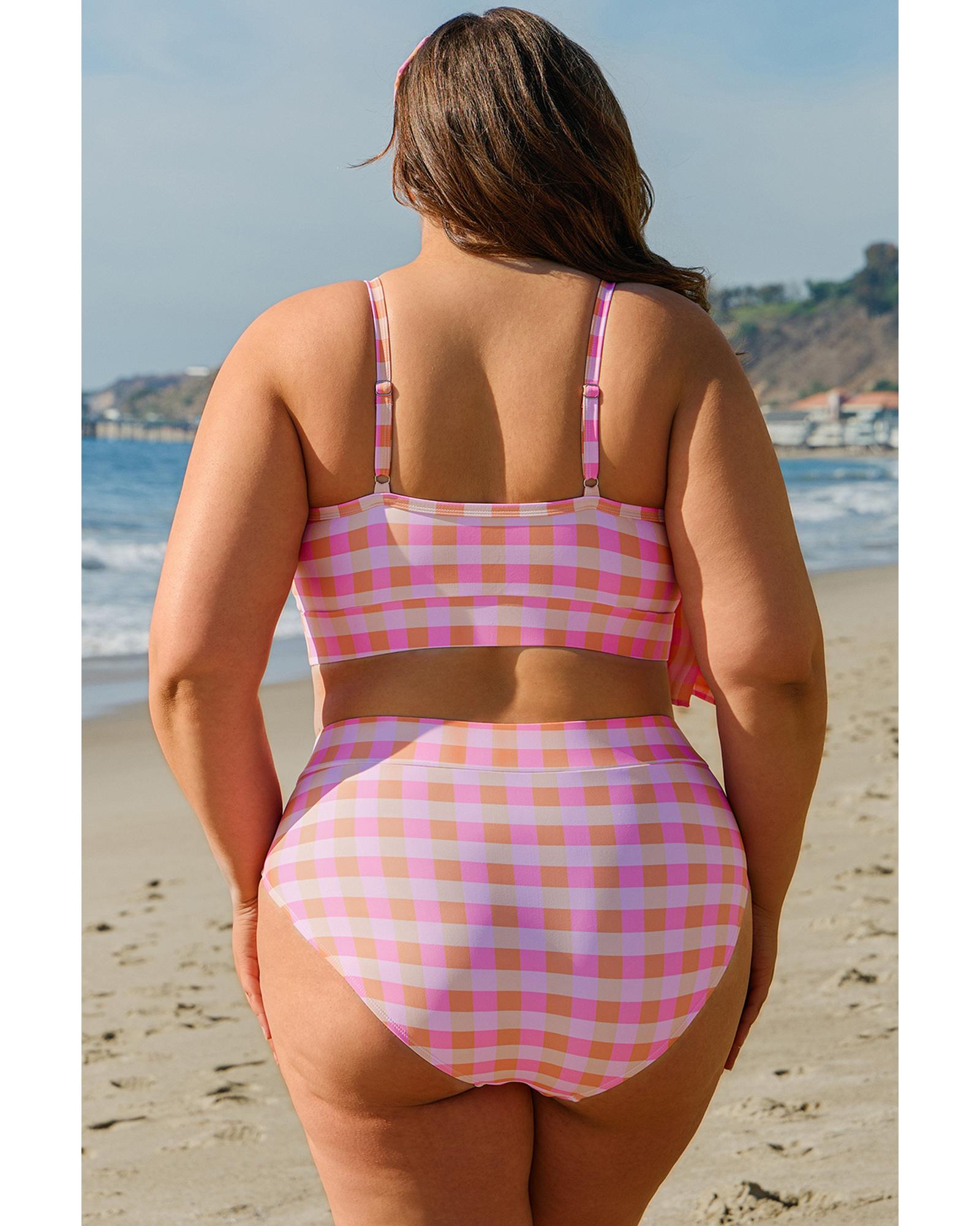 Pink Plus Size Plaid Print High Waist Bikini Set - 2X