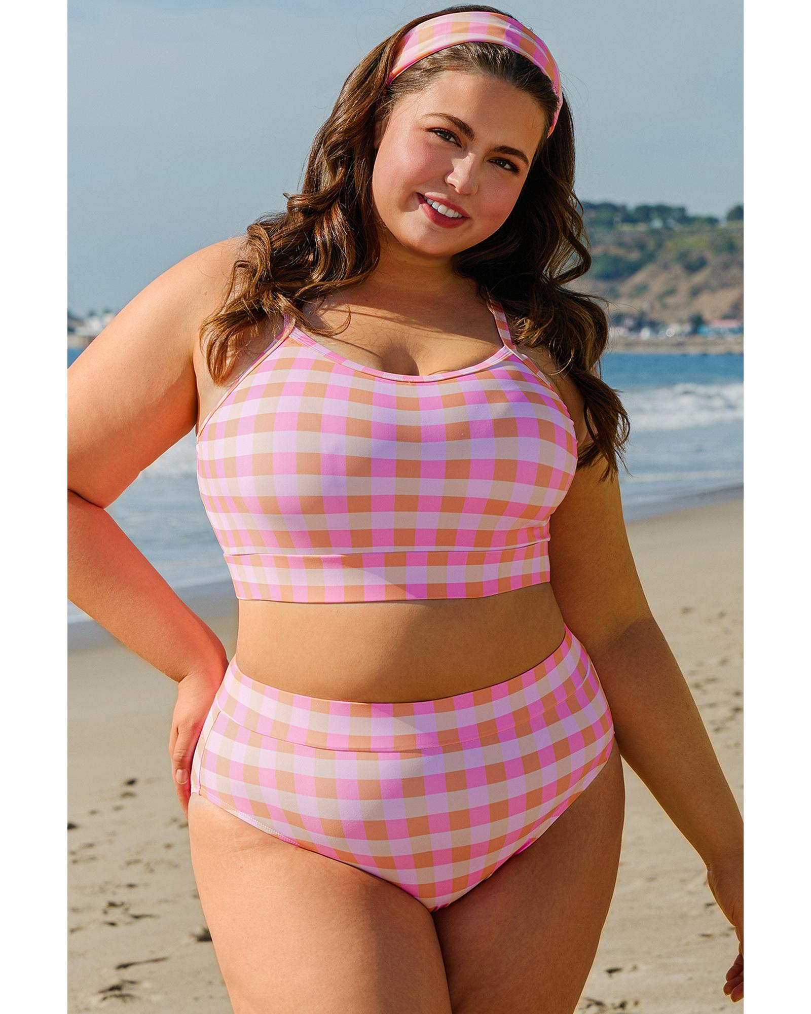 Pink Plus Size Plaid Print High Waist Bikini Set - 2X 4