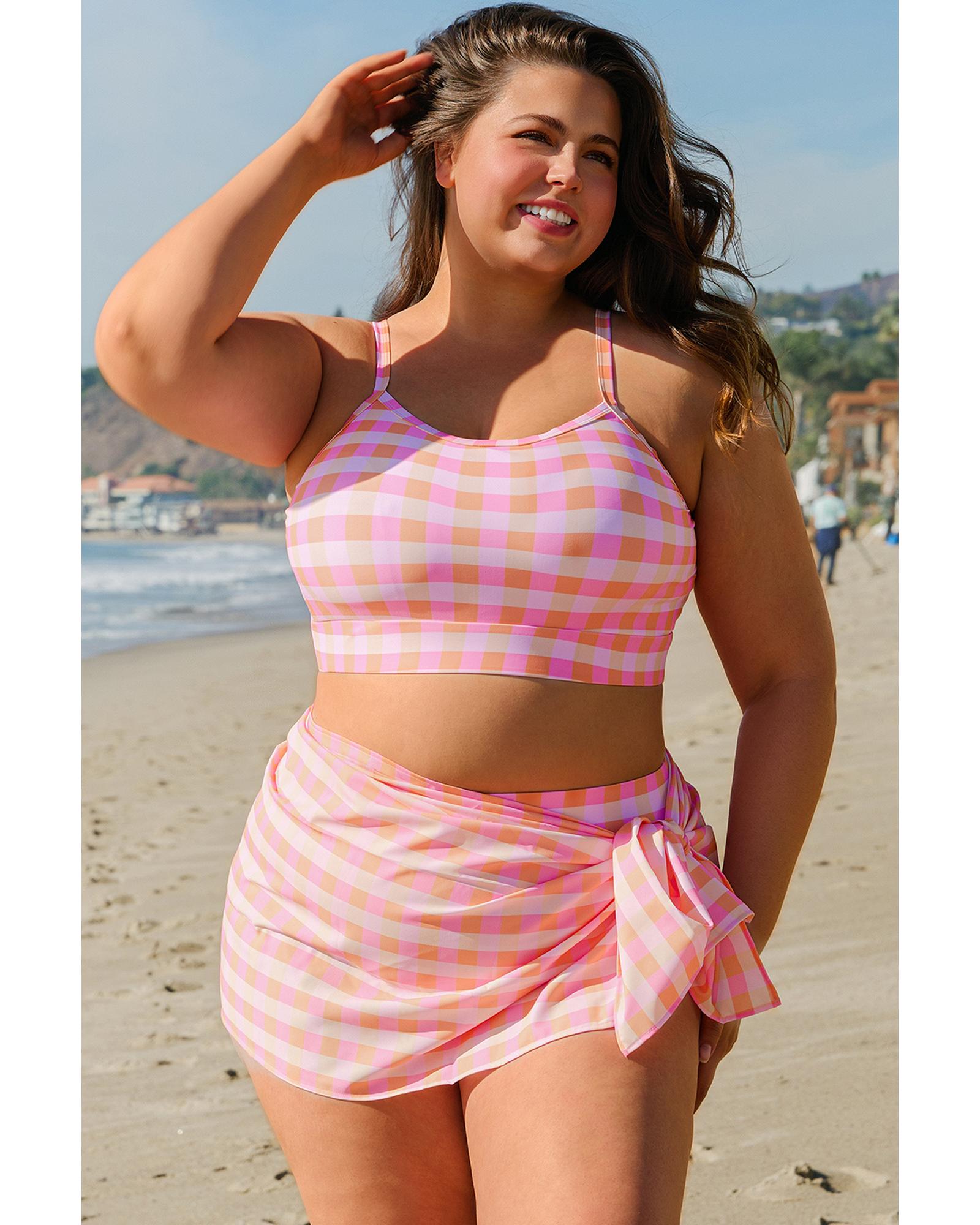Pink Plus Size Plaid Print High Waist Bikini Set - 2X 6