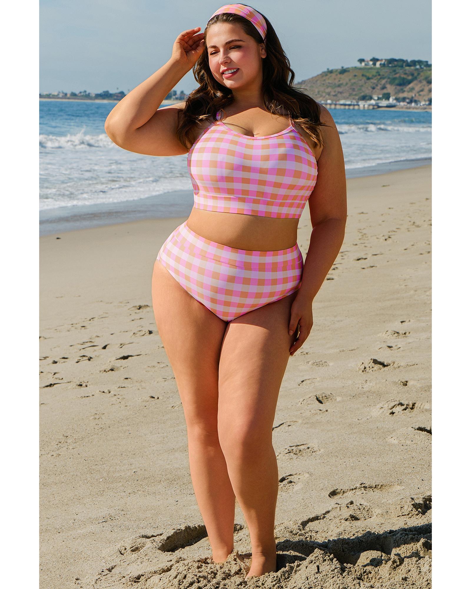 Pink Plus Size Plaid Print High Waist Bikini Set - 2X 8