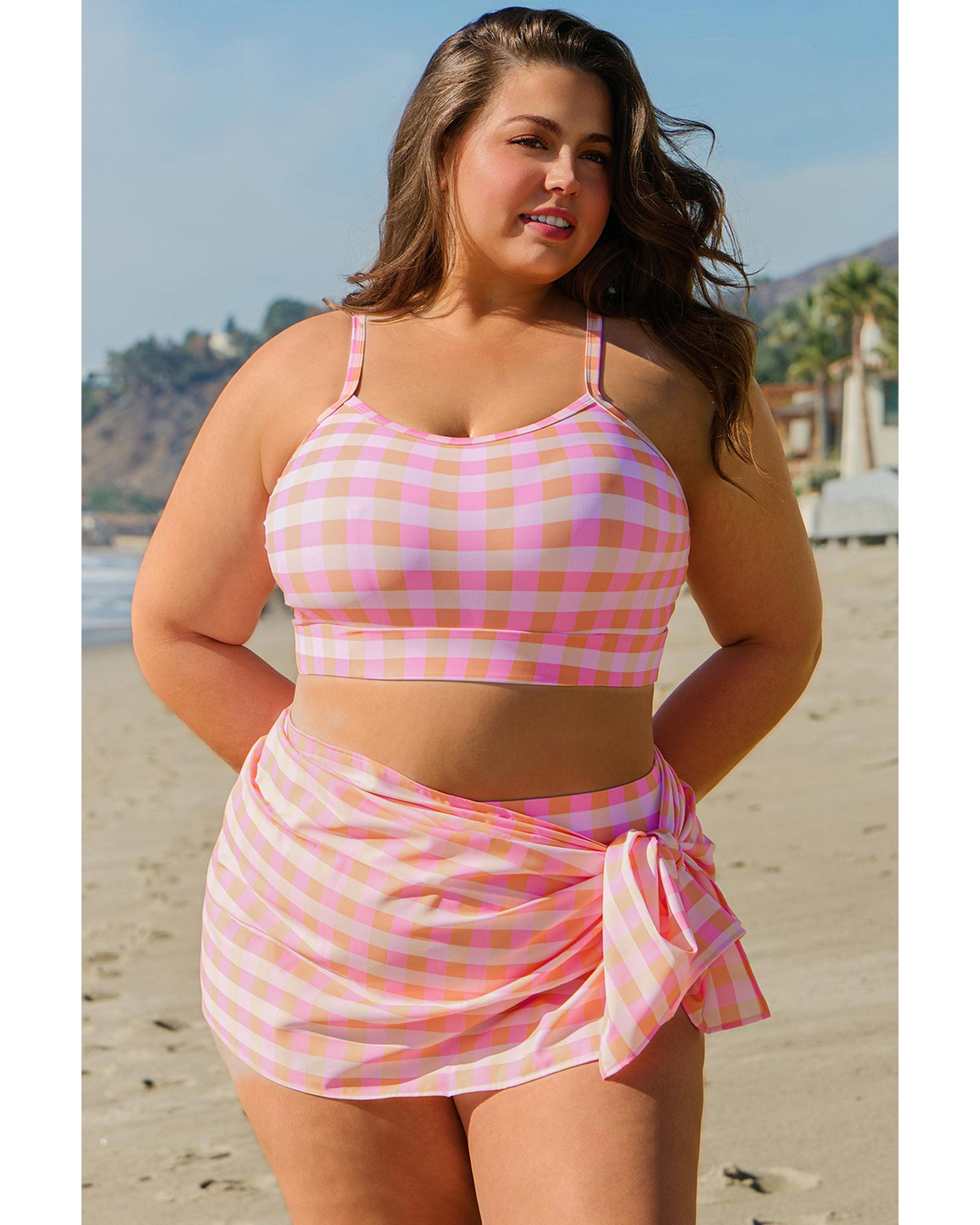 Pink Plus Size Plaid Print High Waist Bikini Set - 3X 5