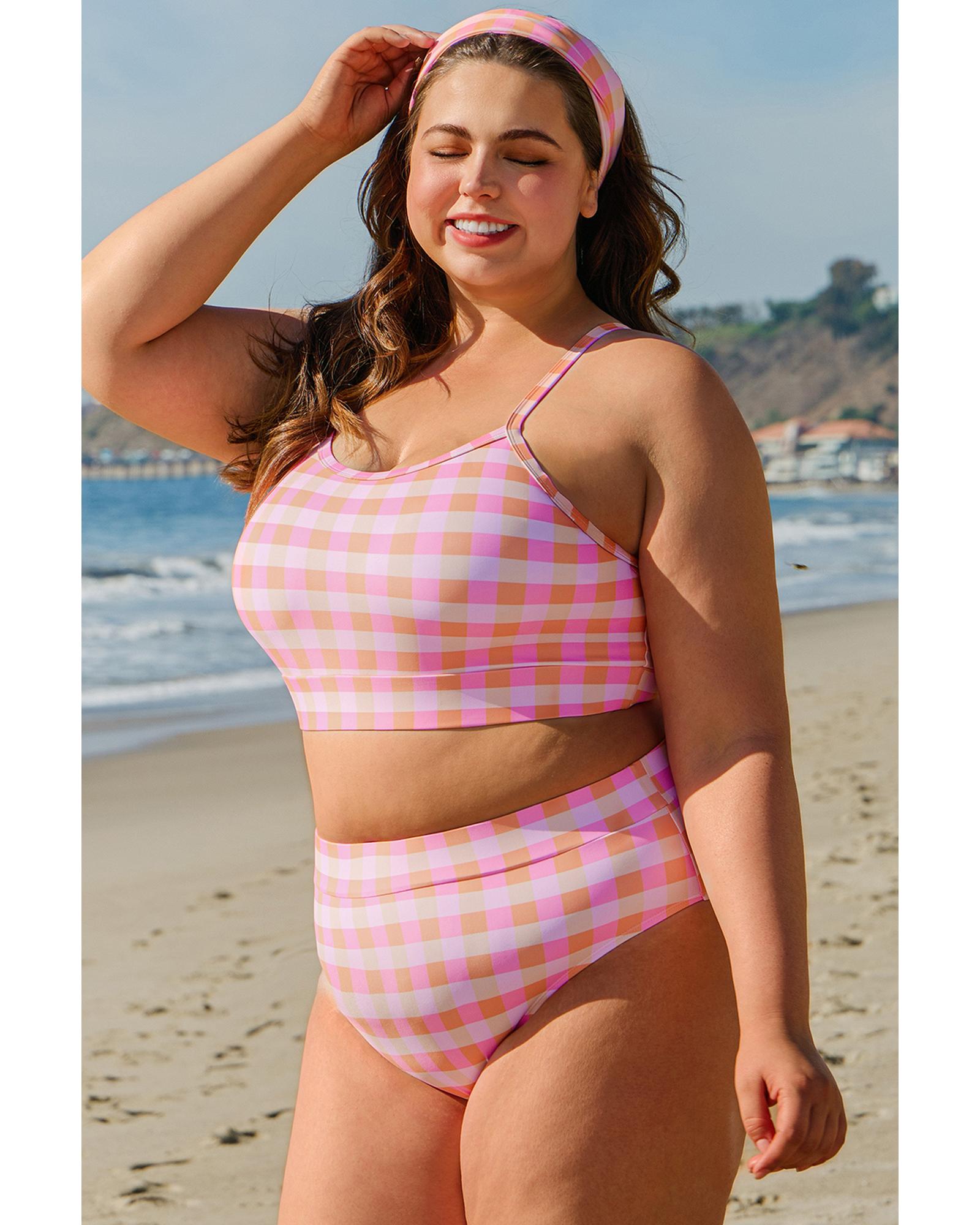 Pink Plus Size Plaid Print High Waist Bikini Set - 4X 3