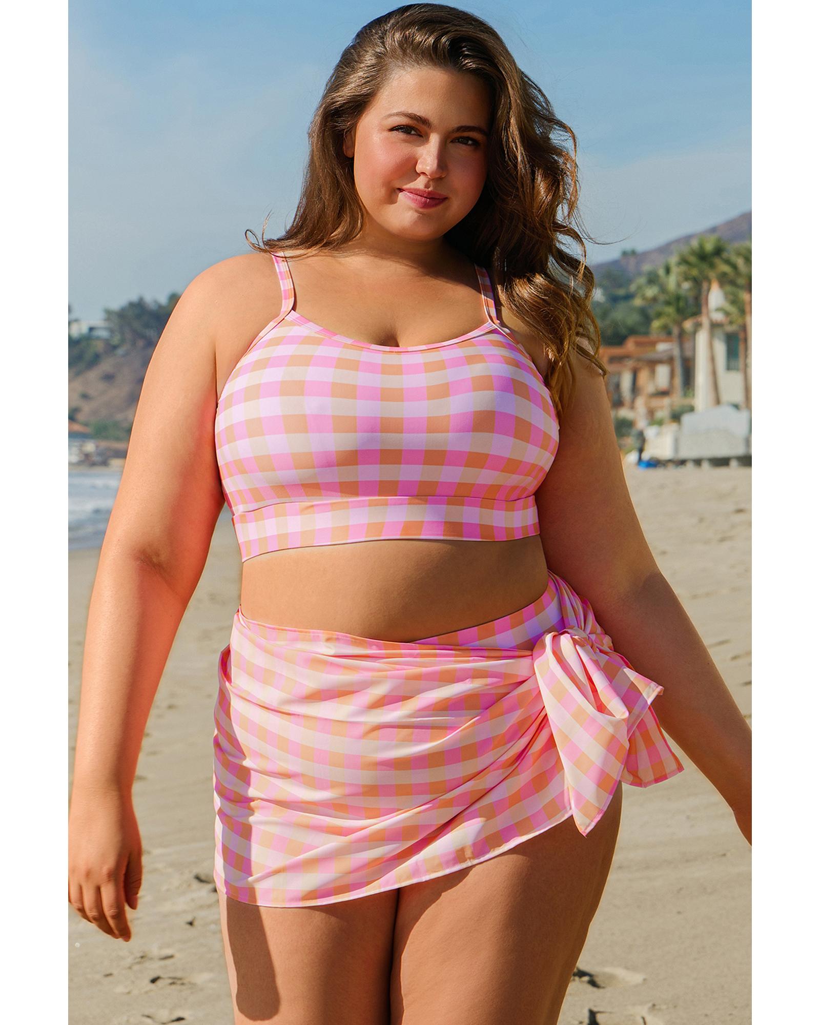 Pink Plus Size Plaid Print High Waist Bikini Set - 4X 7