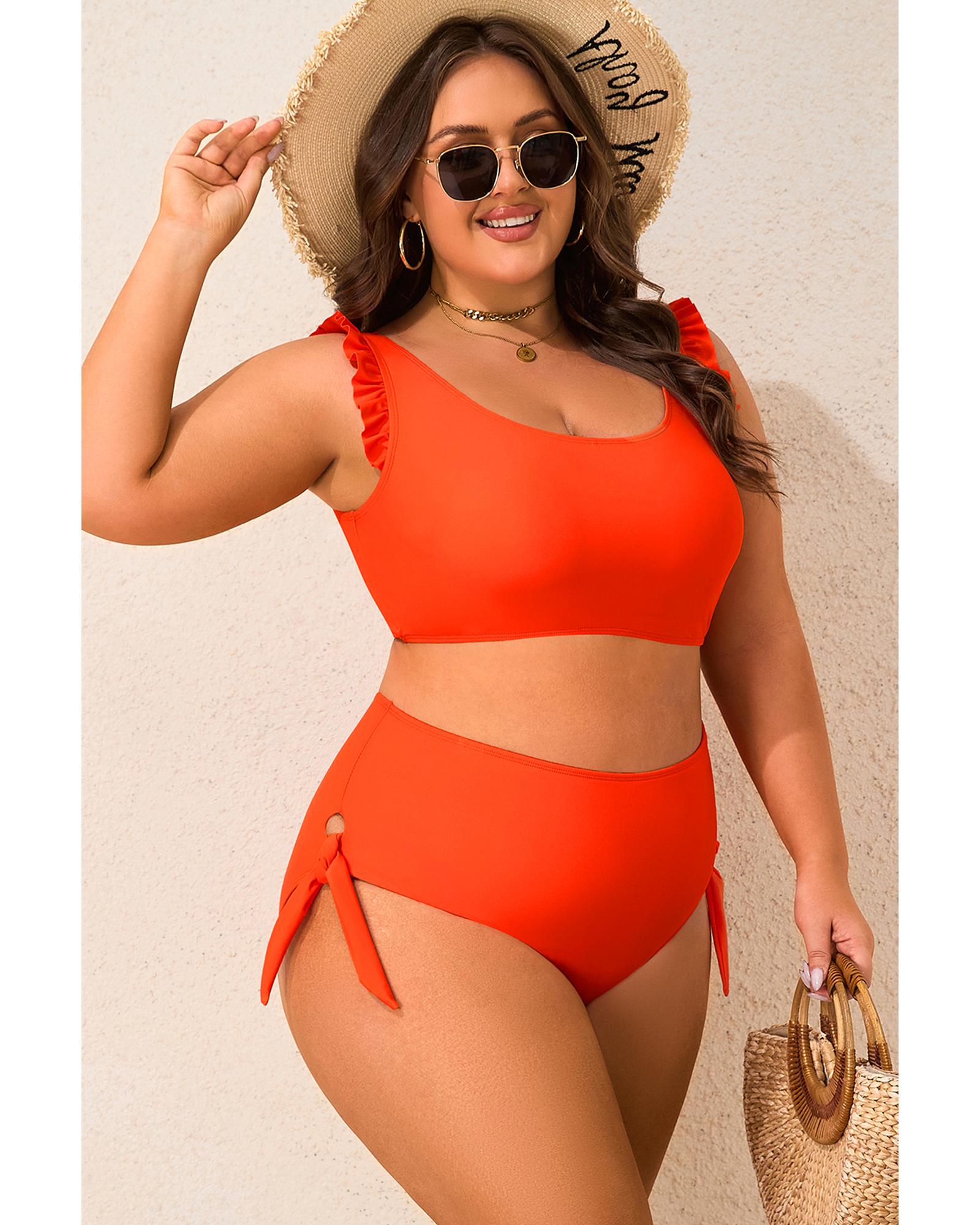 Orange Ruffled Trim Knotted High Waist Plus Size Bikini Set - 1X 3