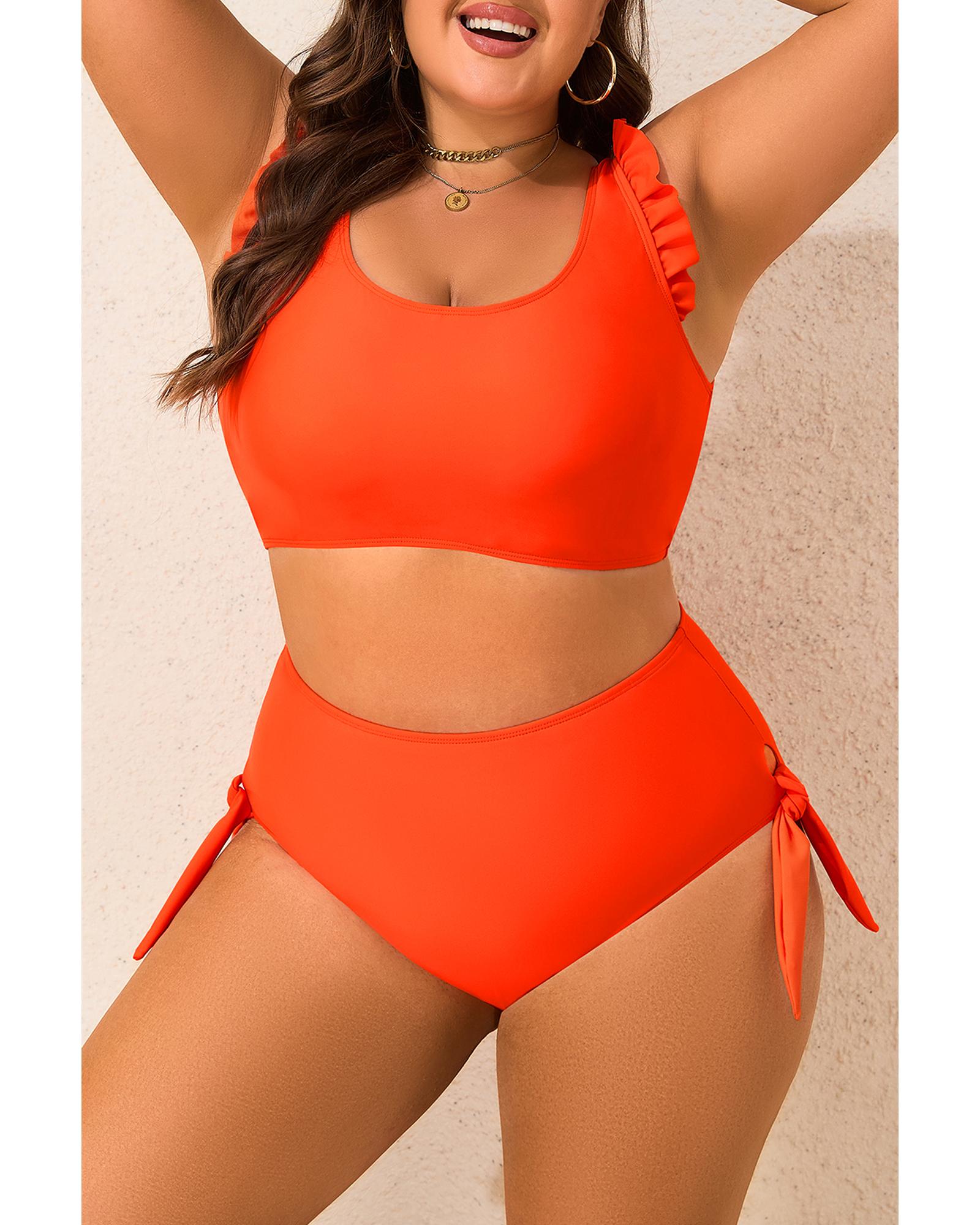Orange Ruffled Trim Knotted High Waist Plus Size Bikini Set - 1X 7