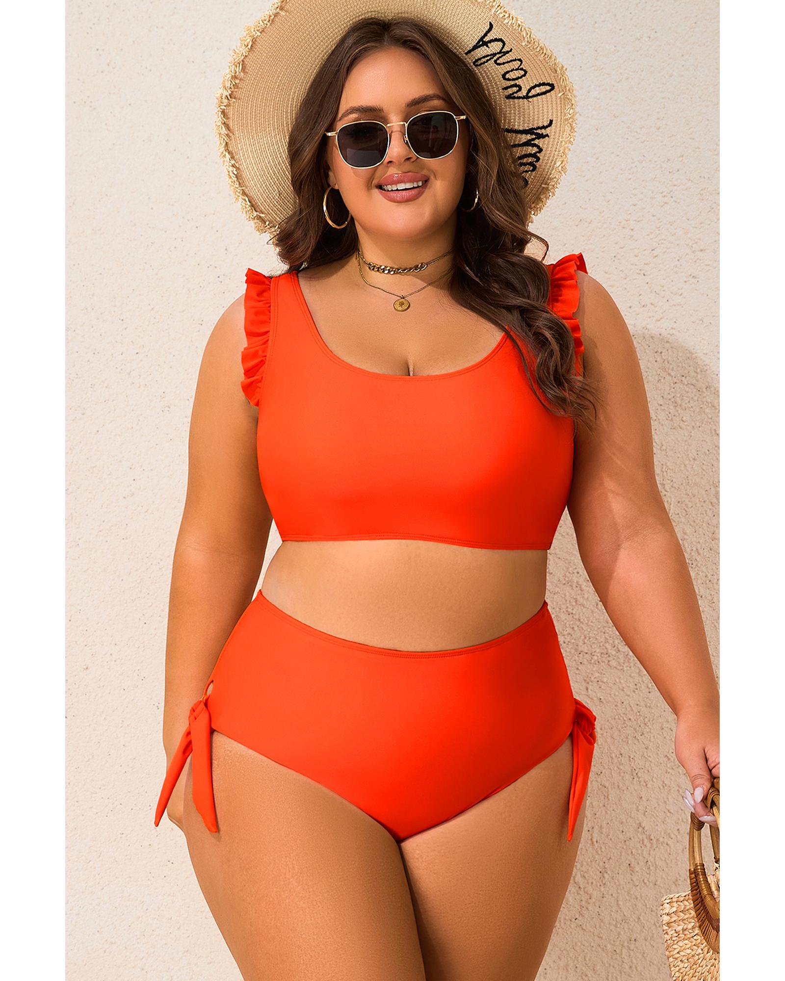Orange Ruffled Trim Knotted High Waist Plus Size Bikini Set - 2X 4