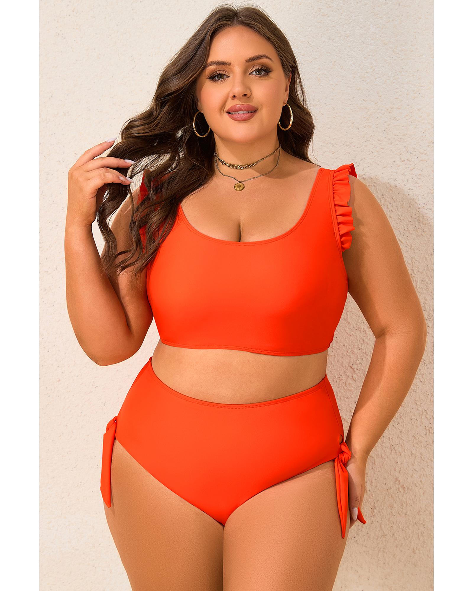 Orange Ruffled Trim Knotted High Waist Plus Size Bikini Set - 2X 5